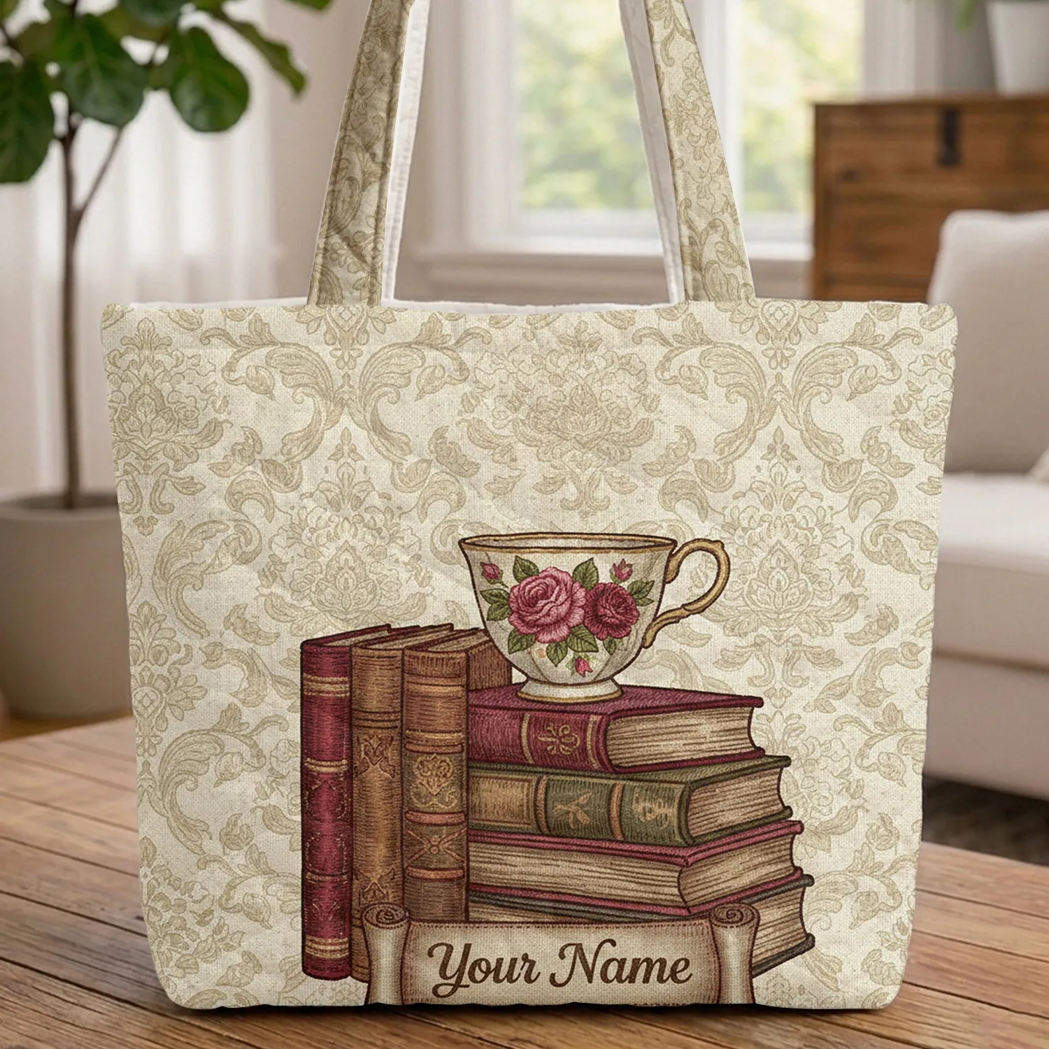 Vintage Books Ornate Teacup Name Scroll Rose - Literary Home Decor Gift Quilted Tote Bag - 1