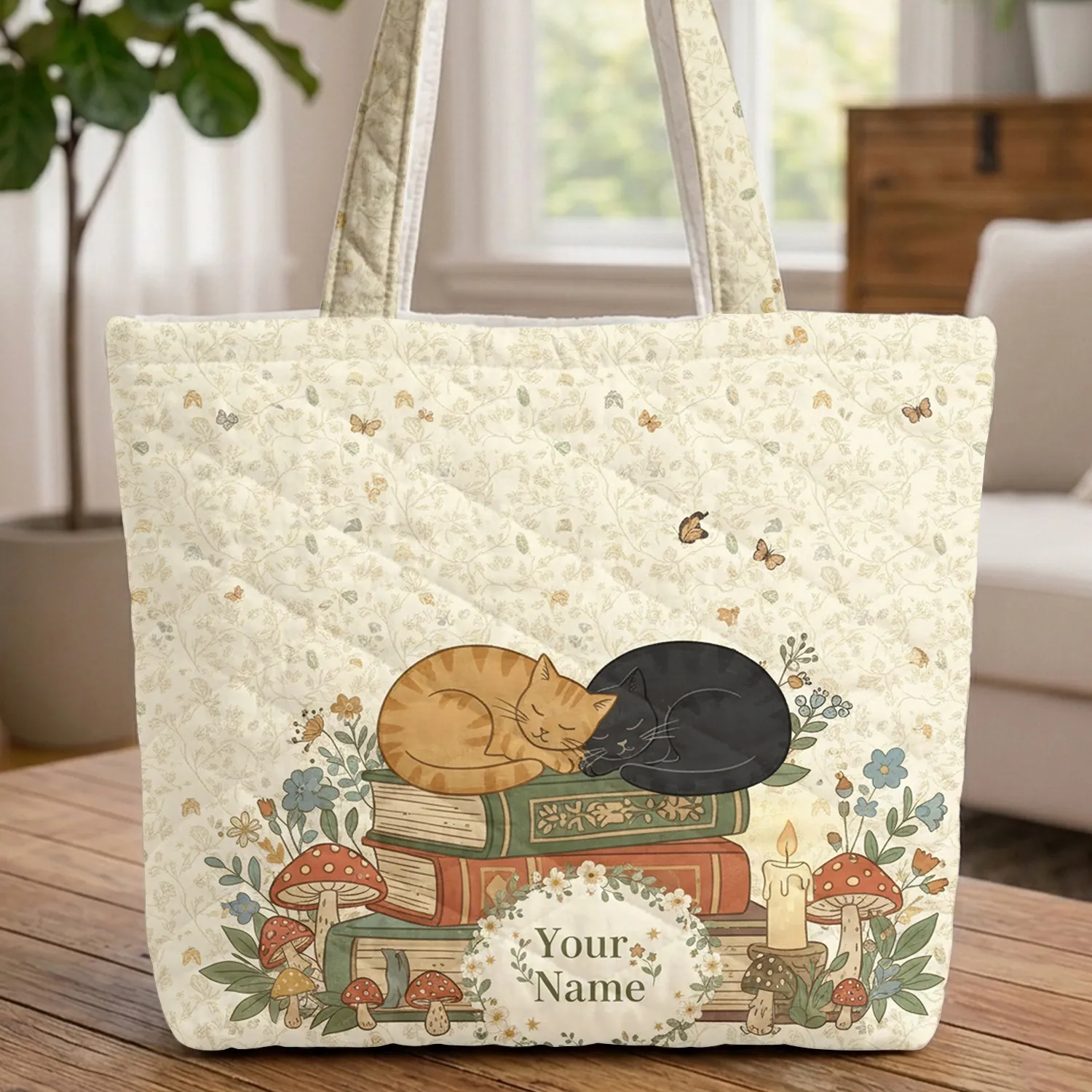 Ginger Cat Black Cat Books Wildflowers Personalized Name - Cat Lover Everyday Gift Quilted Tote Bag - 1
