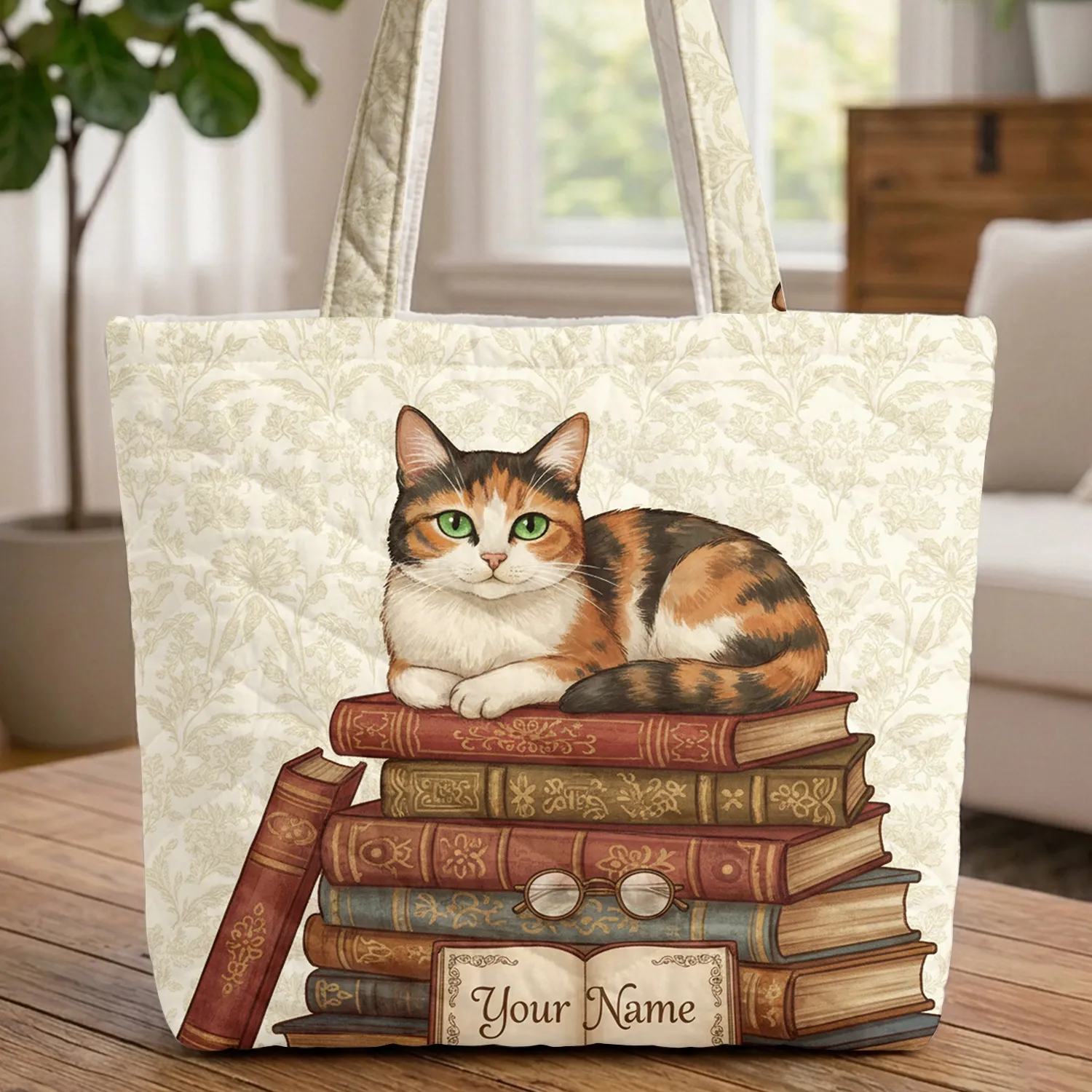 Calico Cat Vintage Books Reading Glasses Personalized - Literary Book Lover Gift Quilted Tote Bag - 1