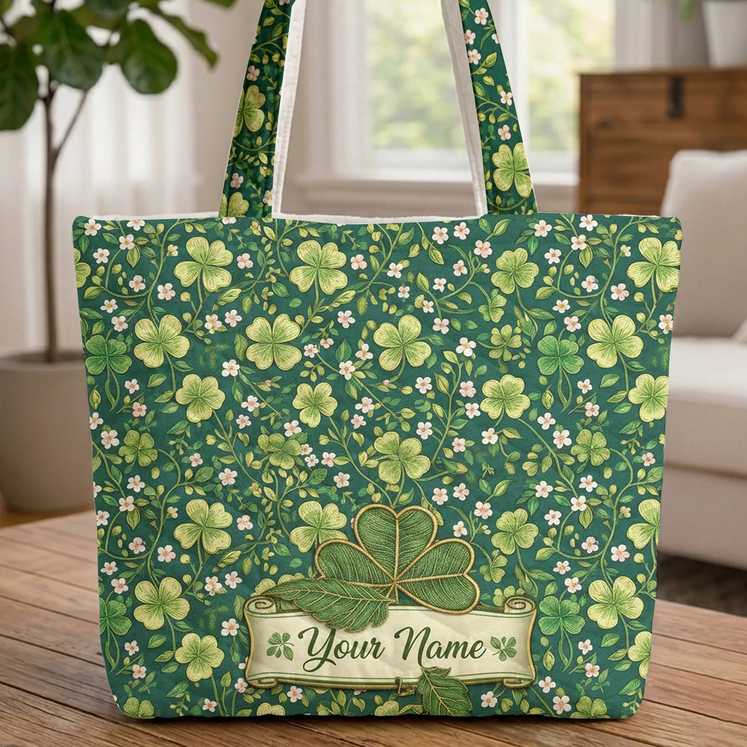 Botanical Shamrock Clover Personalized Name Scroll - St. Patrick's Day Gift Quilted Tote Bag - 1