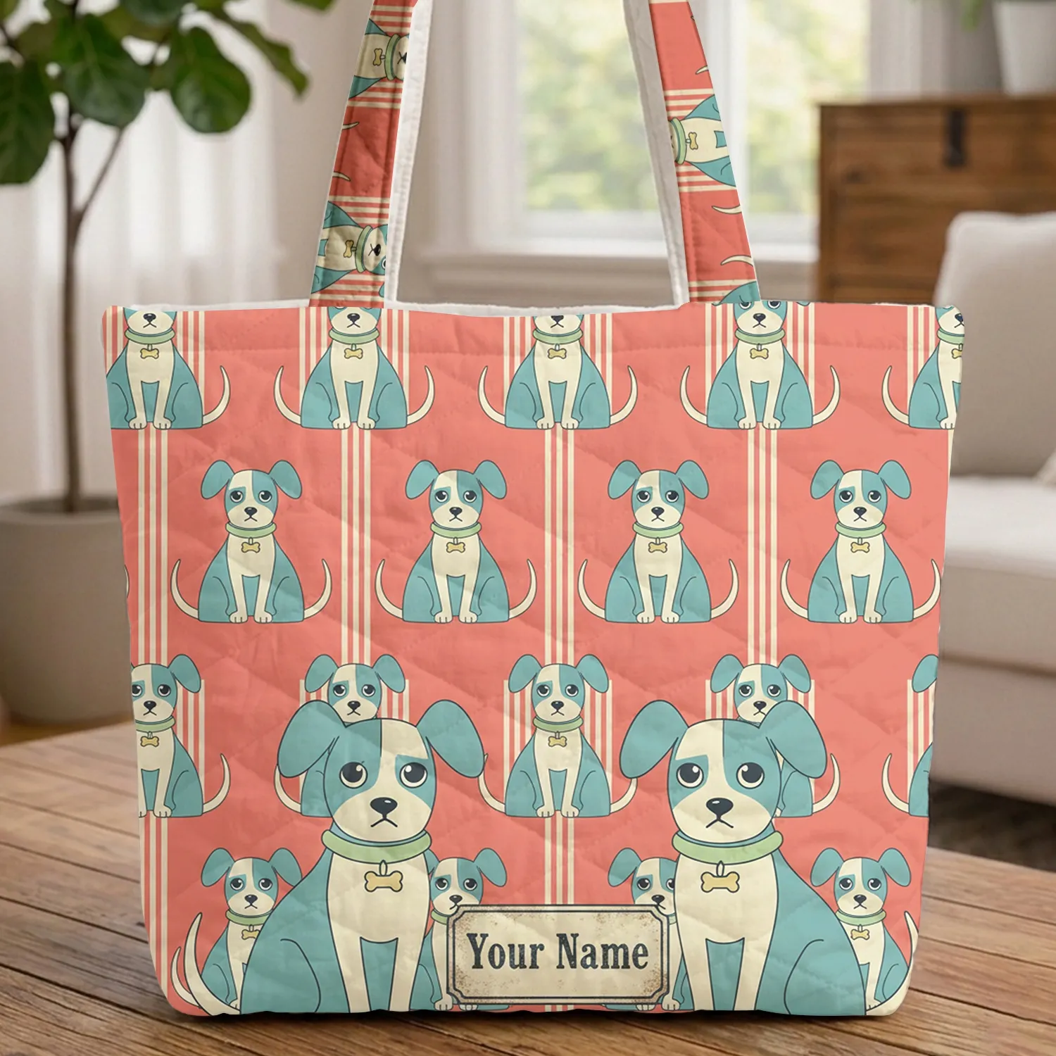 Blue Ear Green Collar Sitting Standing Dogs Enamel Plaque - Dog Lover Everyday Use Quilted Tote Bag - 1