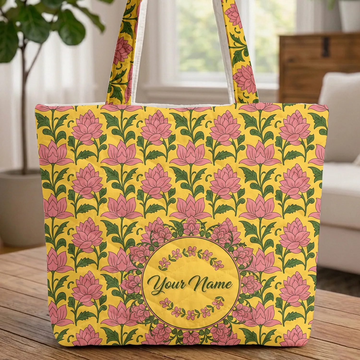 Ornate Yellow Pink Lotus Flower Medallion - Everyday Carry Boho Lifestyle Gift Quilted Tote Bag - 1