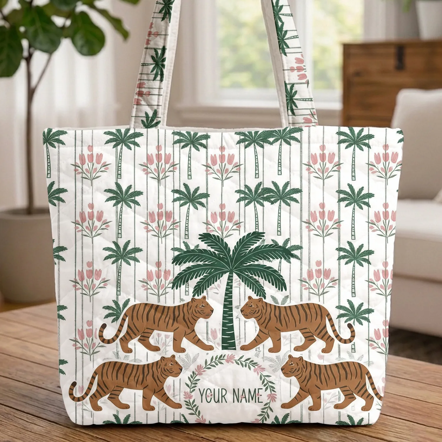Tigers Palm Tree Name Wreath - Wildlife Lover Gift Quilted Tote Bag - 1