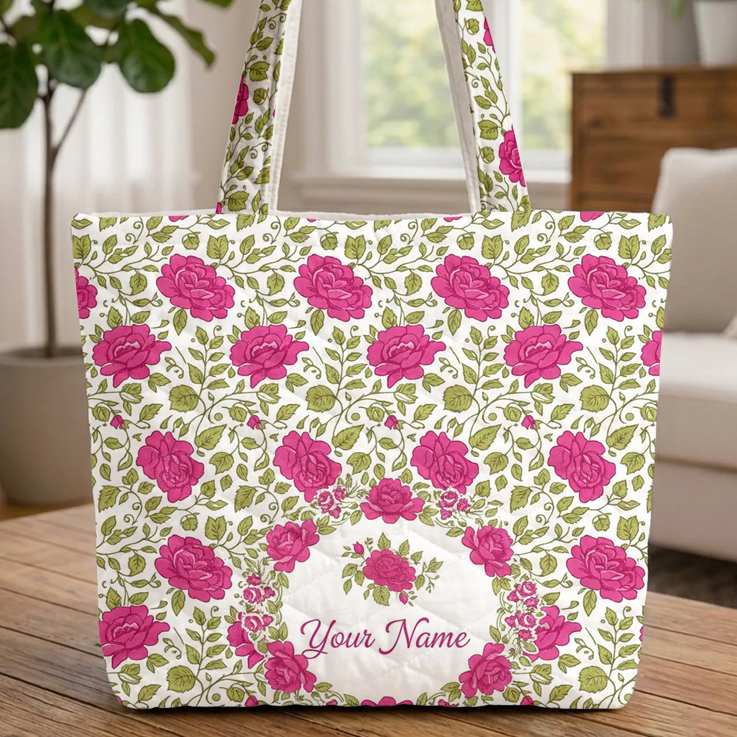 Fuchsia Rose Bloom Olive Leaf Personalized Wreath - Botanical Lover Everyday Carryall Quilted Tote Bag - 1