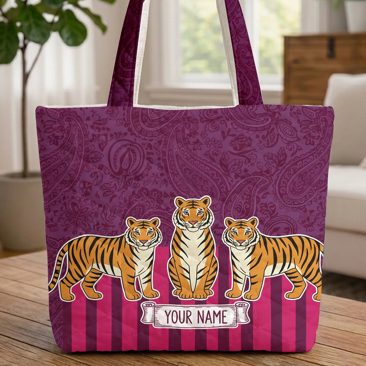 Fuchsia Purple Maroon Tigers Paisley Botanical Scroll - Personalized Wildlife Lover Gift Quilted Tote Bag - 1