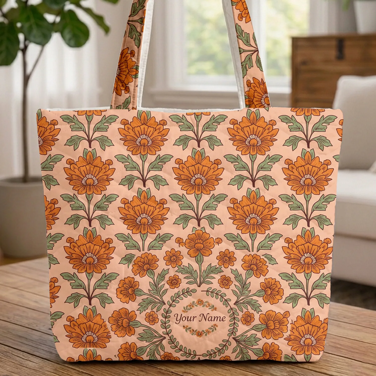 Marigold Flowers Botanical Medallion Personalized Wreath - Everyday Tote Quilted Tote Bag - 1