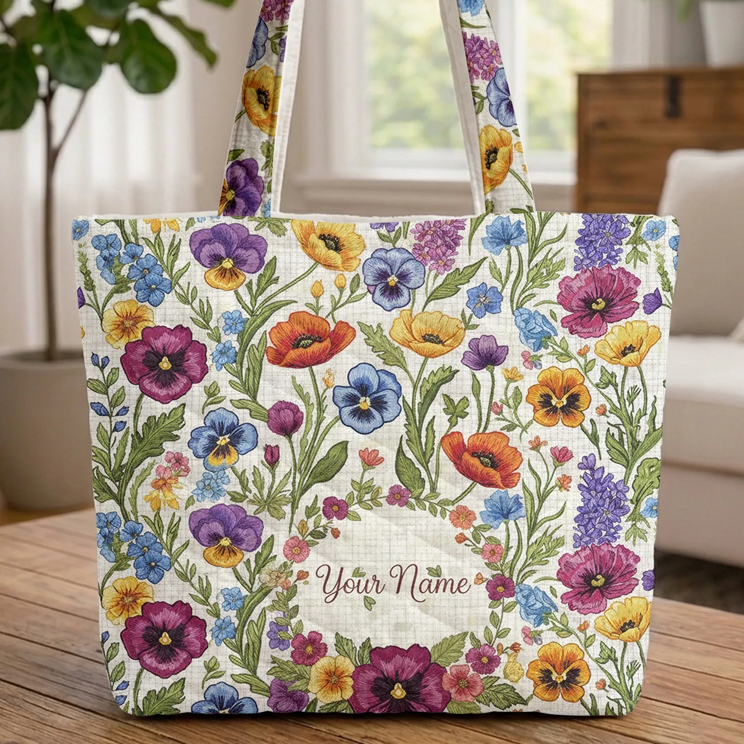 Pansy Poppy Hyacinth Bouquet Wreath - Everyday Tote Flower Lover Gift Quilted Tote Bag - 1