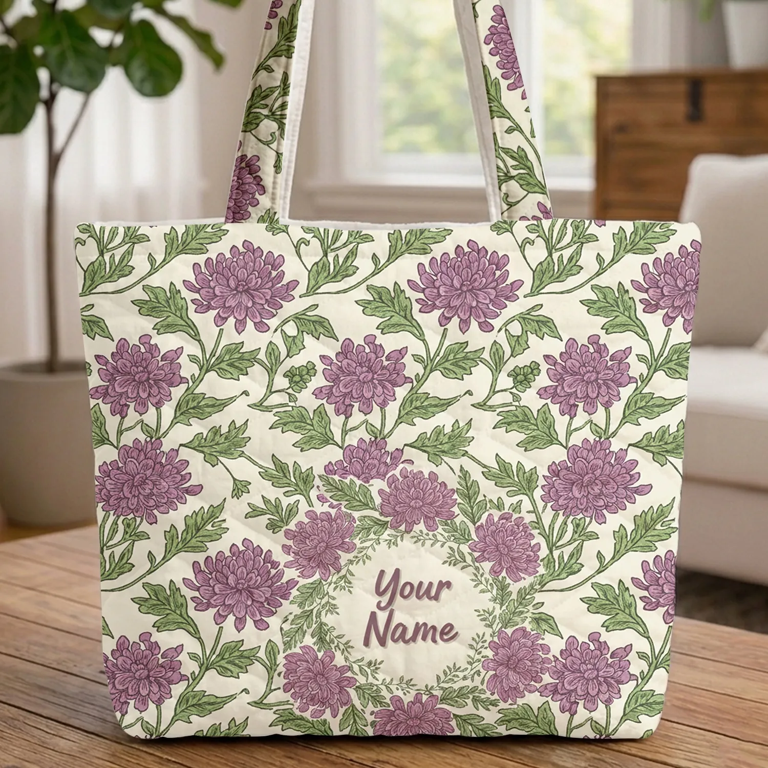 Purple Chrysanthemum Floral Wreath - Everyday Tote Flower Lover Gift Quilted Tote Bag - 1