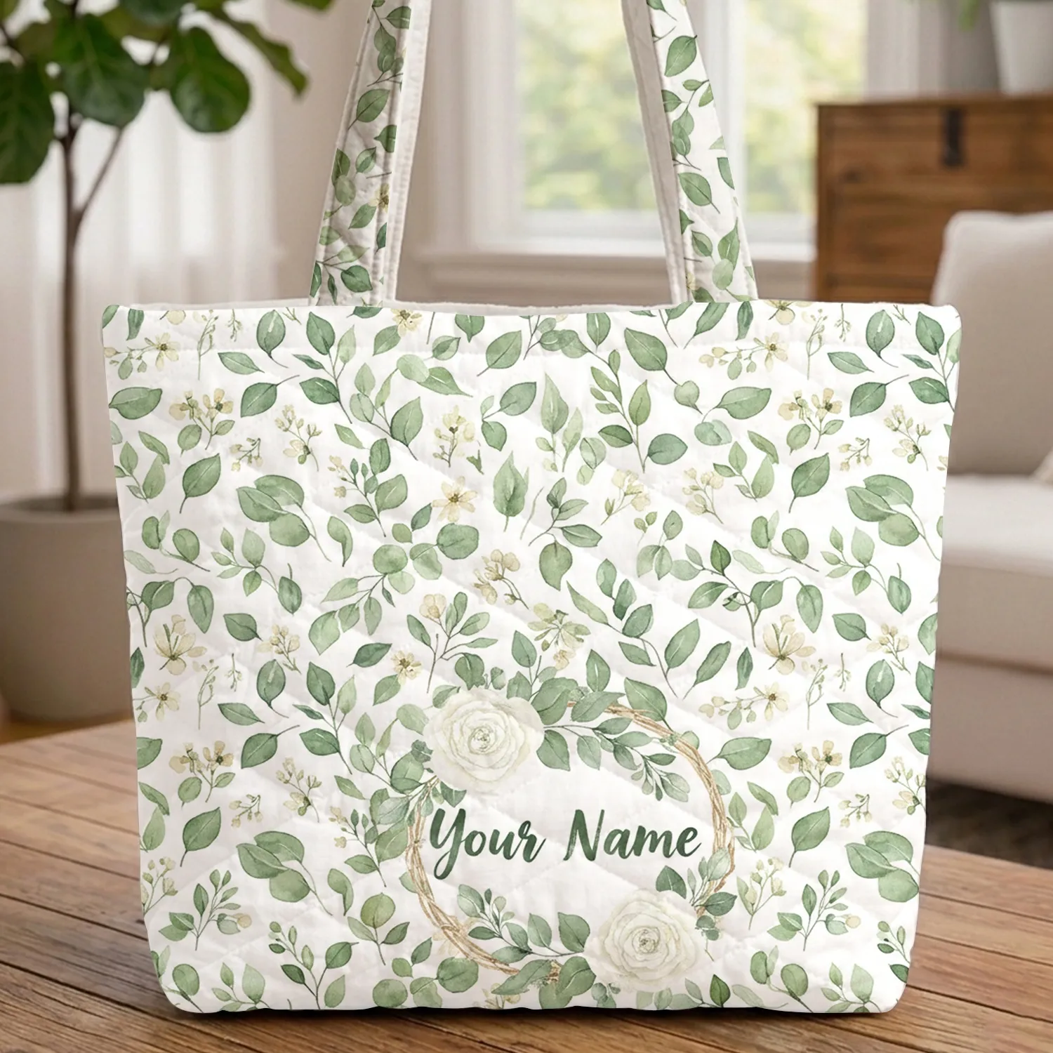 Ornate White Rose Eucalyptus Wreath Wildflower Name - Nature Inspired Everyday Gift Quilted Tote Bag - 1