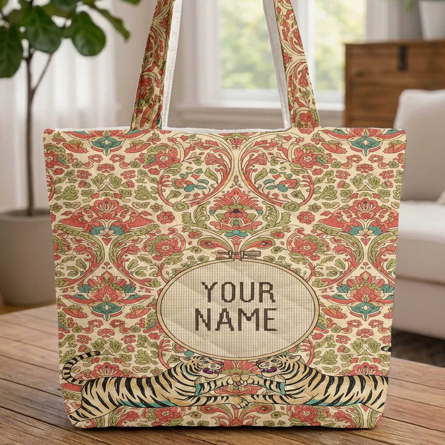 Playful Tigers Indian Floral Paisley Boho Lifestyle Personalized Name Quilted Tote Bag - 1