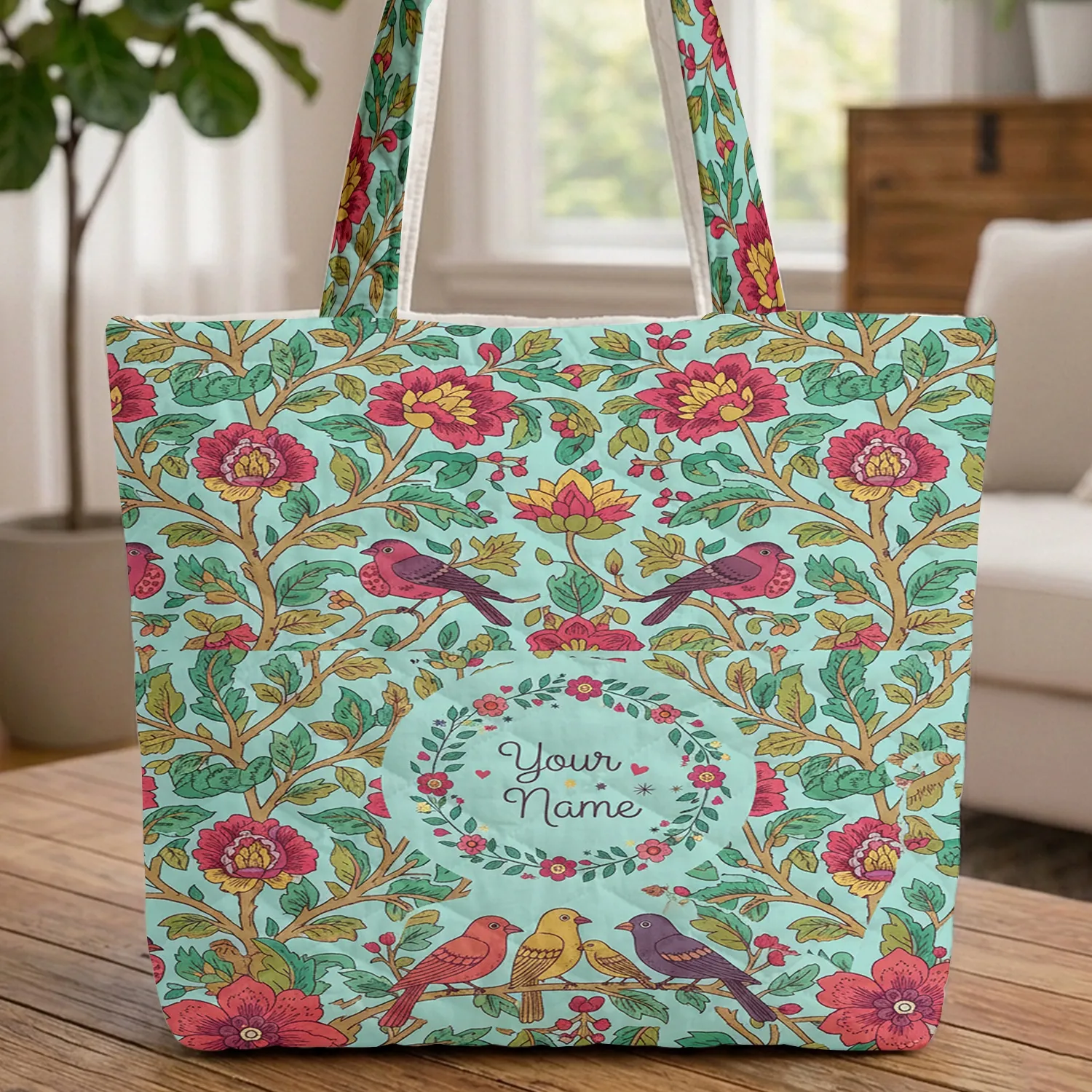 Perching Birds Floral Wreath Leaves Branches - Everyday Nature Gift Quilted Tote Bag - 1