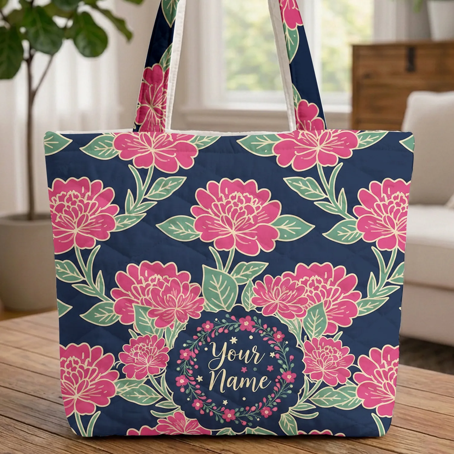 Fuchsia Pink Flowers Teal Leaves Personalized Name Floral Wreath – Lifestyle Gift Quilted Tote Bag - 1