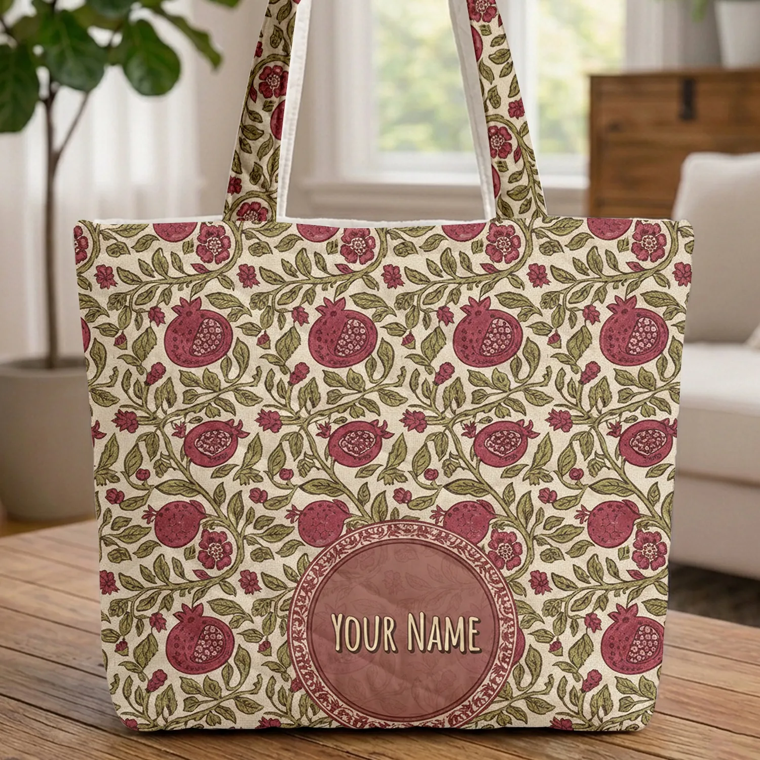Pomegranate Botanical Folk Art Medallion Personalized - Everyday Gift Quilted Tote Bag - 1