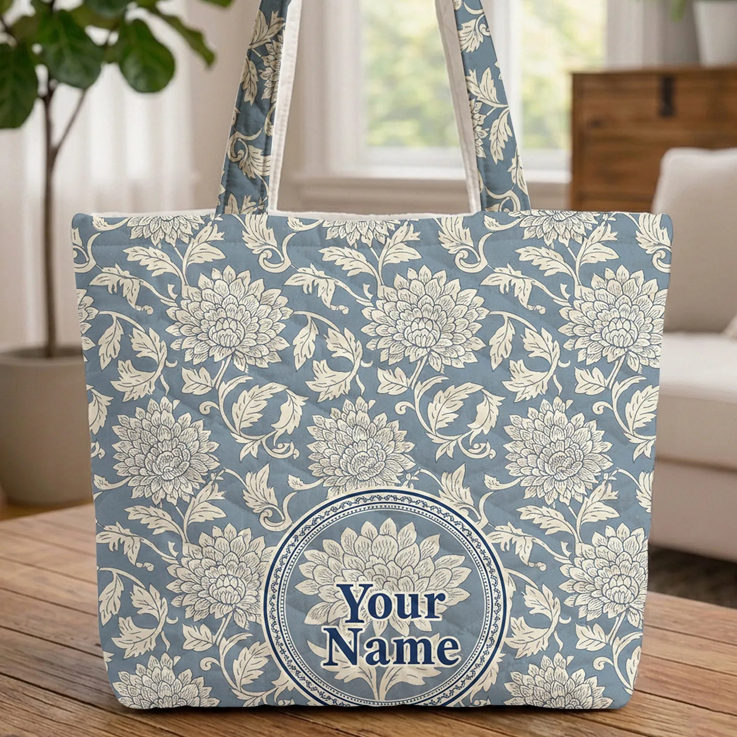 Chrysanthemum Floral Medallion Personalized Everyday Carry Quilted Tote Bag - 1
