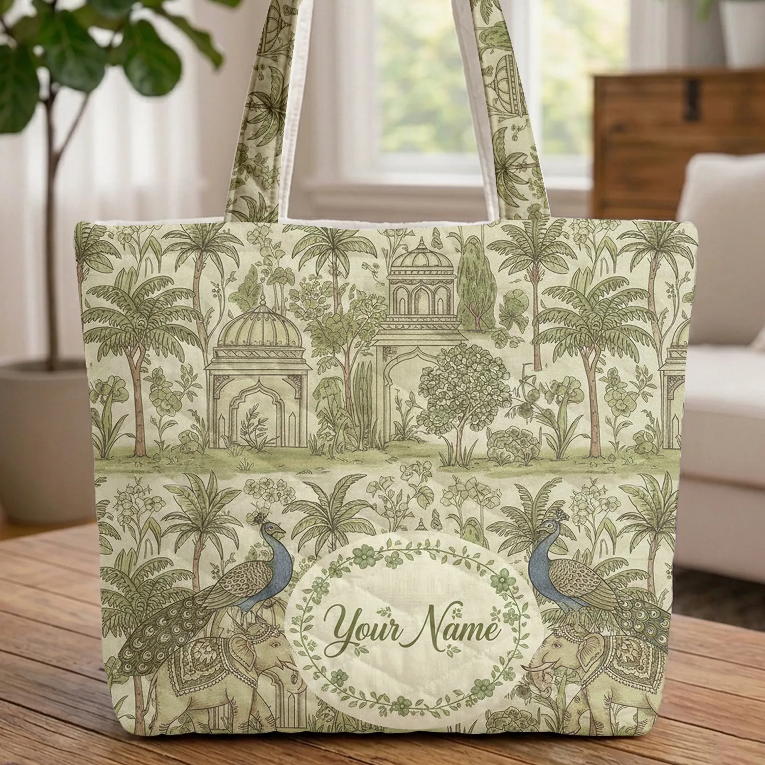 Indian Peacocks Elephants Exotic Garden Floral Wreath - Wildlife Lover Gift Quilted Tote Bag - 1