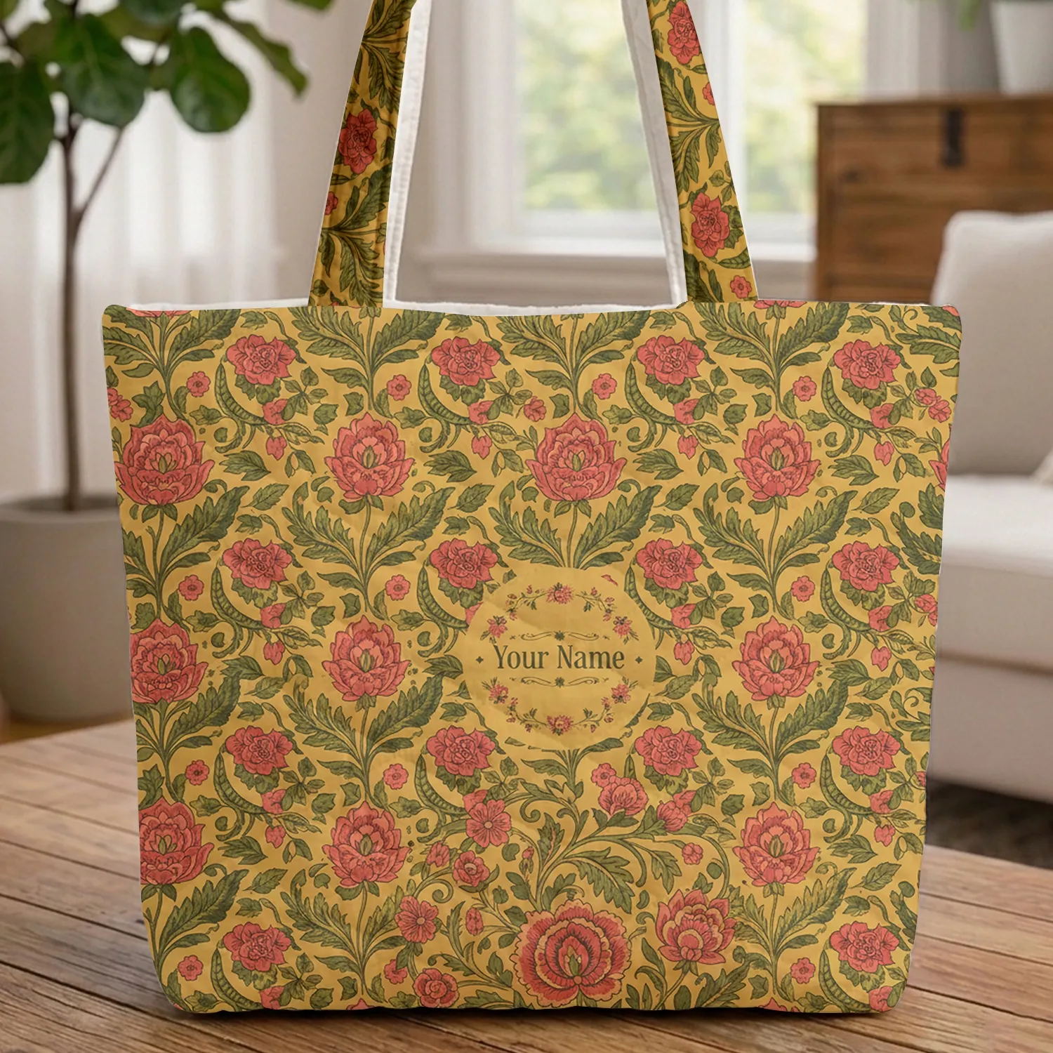 Floral Wreath Botanical Medallion Lush Flowers Vines - Garden Lover Gift Quilted Tote Bag - 1