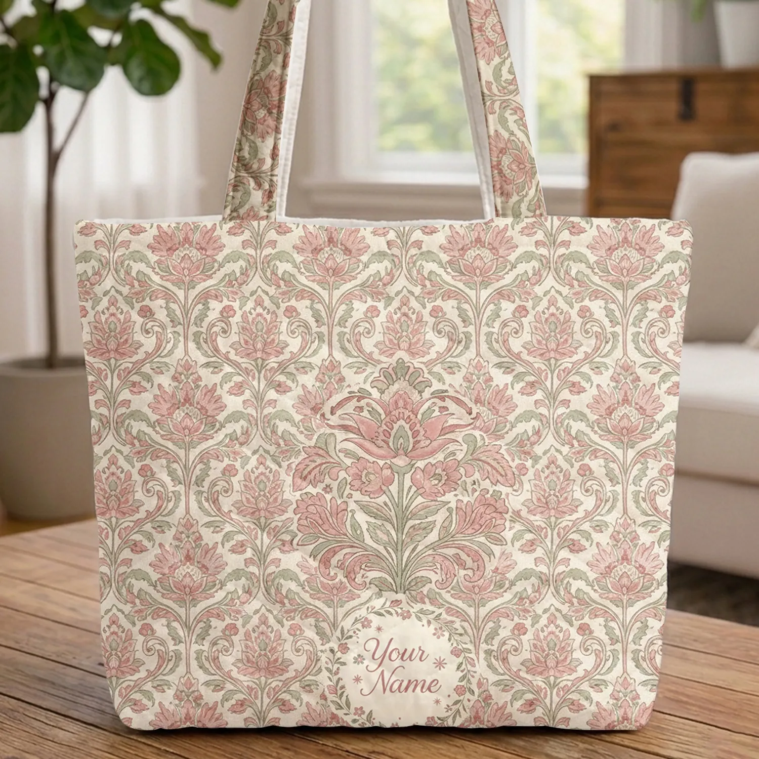 Block Print Botanical Floral Wreath Name Calligraphy - Everyday Tote Gift for Her Quilted Tote Bag - 1