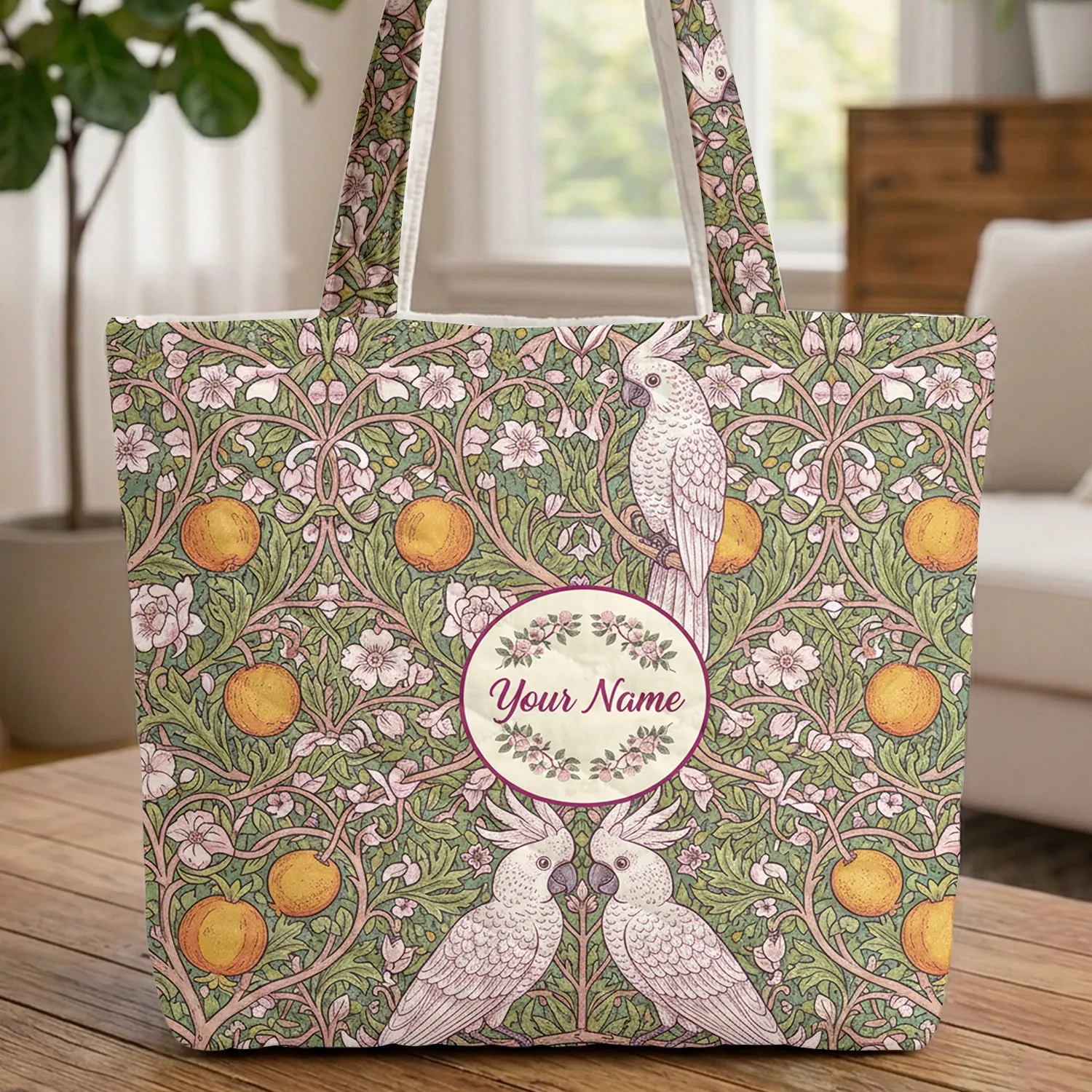 White Cockatoos Lush Foliage Pink Blossoms Floral Wreath - Everyday Tote for Wildlife Lover Quilted Tote Bag - 1