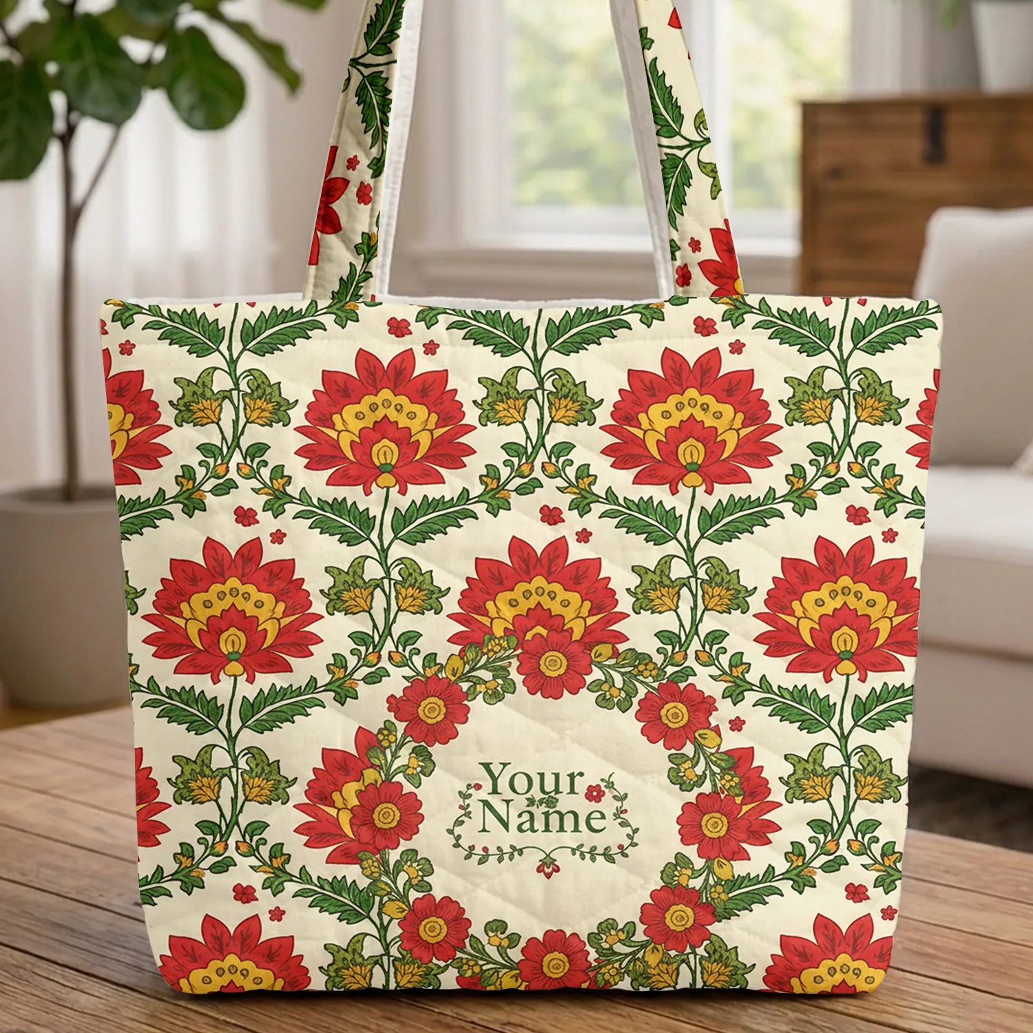 Indian Folk Art Red Yellow Floral Wreath Name Everyday Carry Gift Quilted Tote Bag - 1