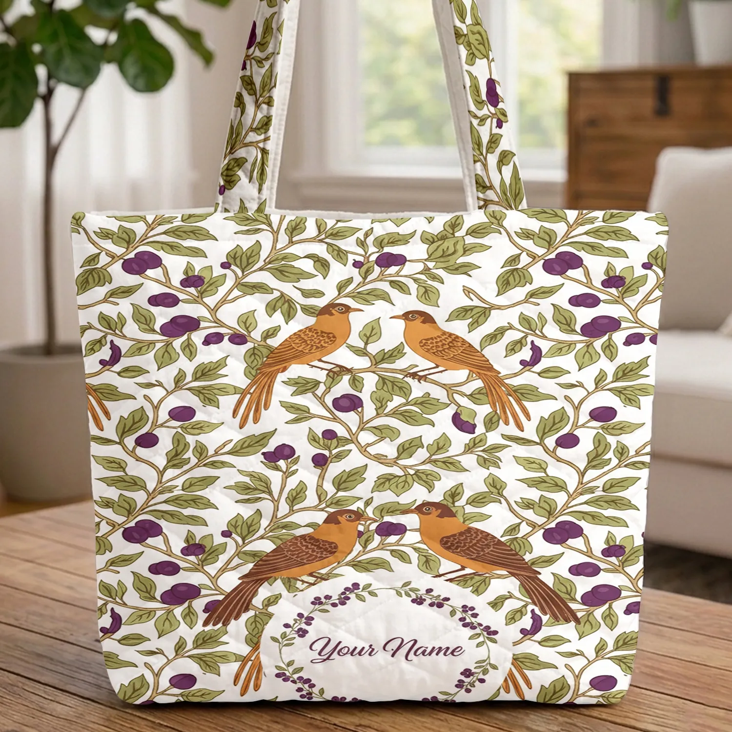 Chinoiserie Birds Flowering Branches Plum Berries - Wildlife Lover Gift Quilted Tote Bag - 1