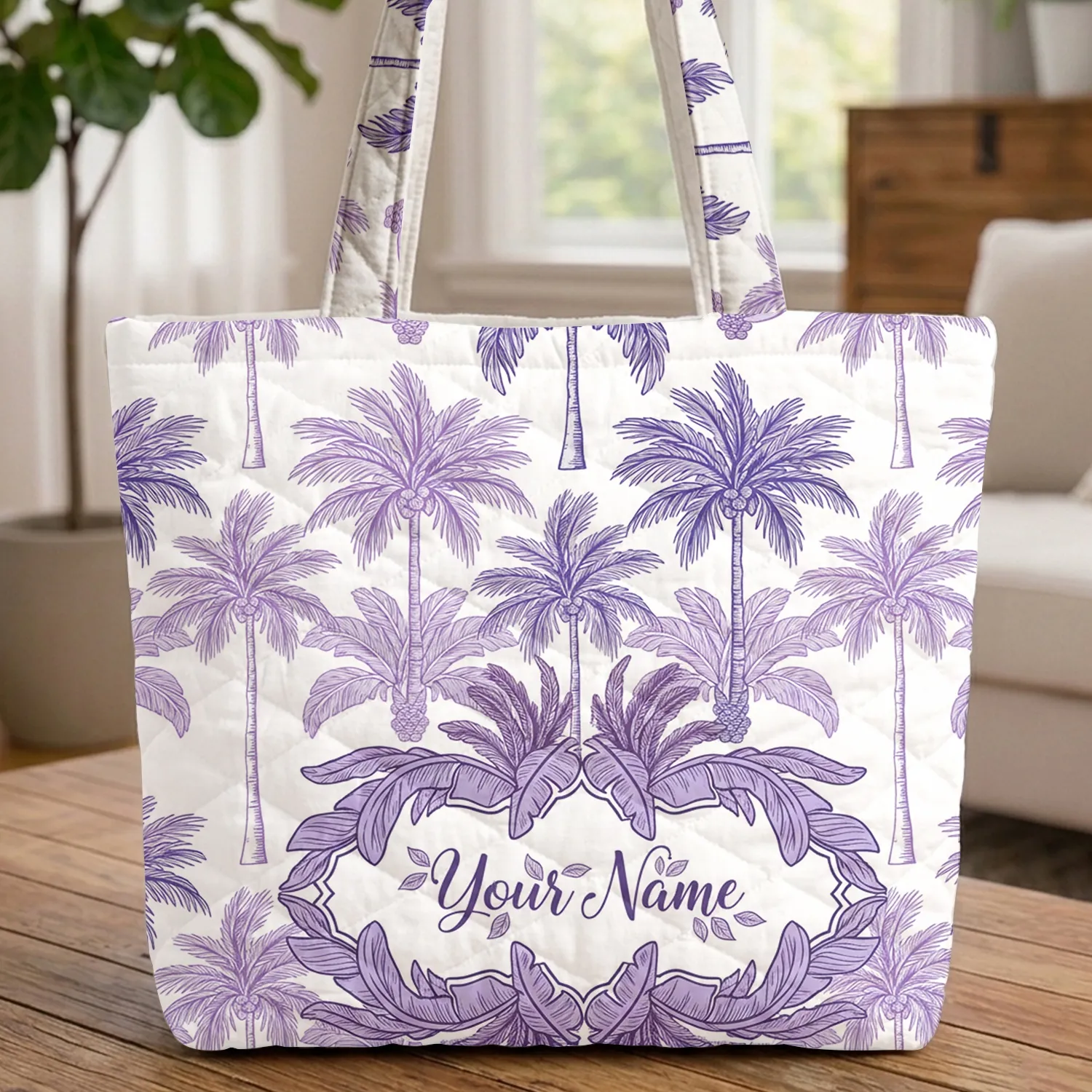 Tropical Palm Leaves Botanical Cartouche Personalized Name - Everyday Travel Tote Quilted Tote Bag - 1