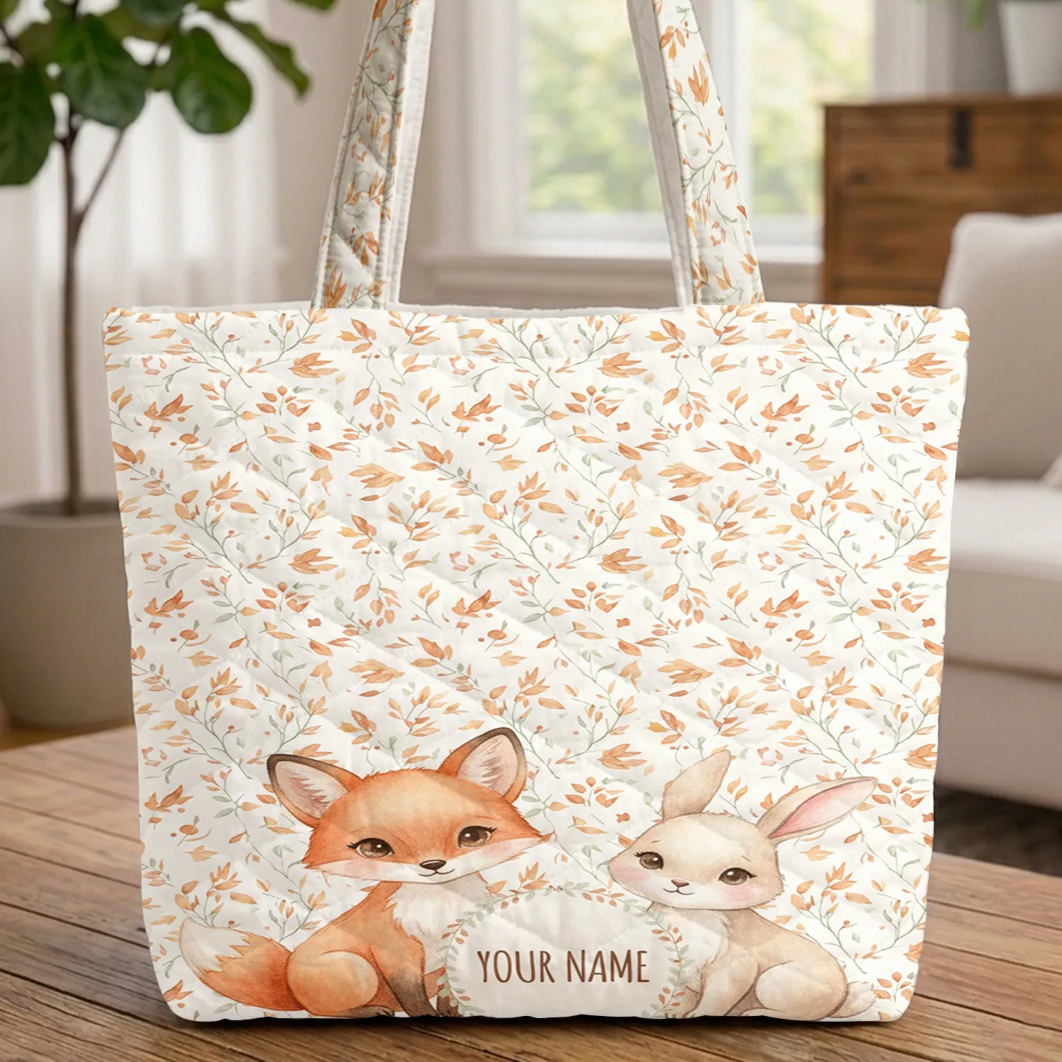 Baby Fox Bunny Autumn Leaves Personalized Floral Wreath Wildlife Lover Gift Quilted Tote Bag - 1