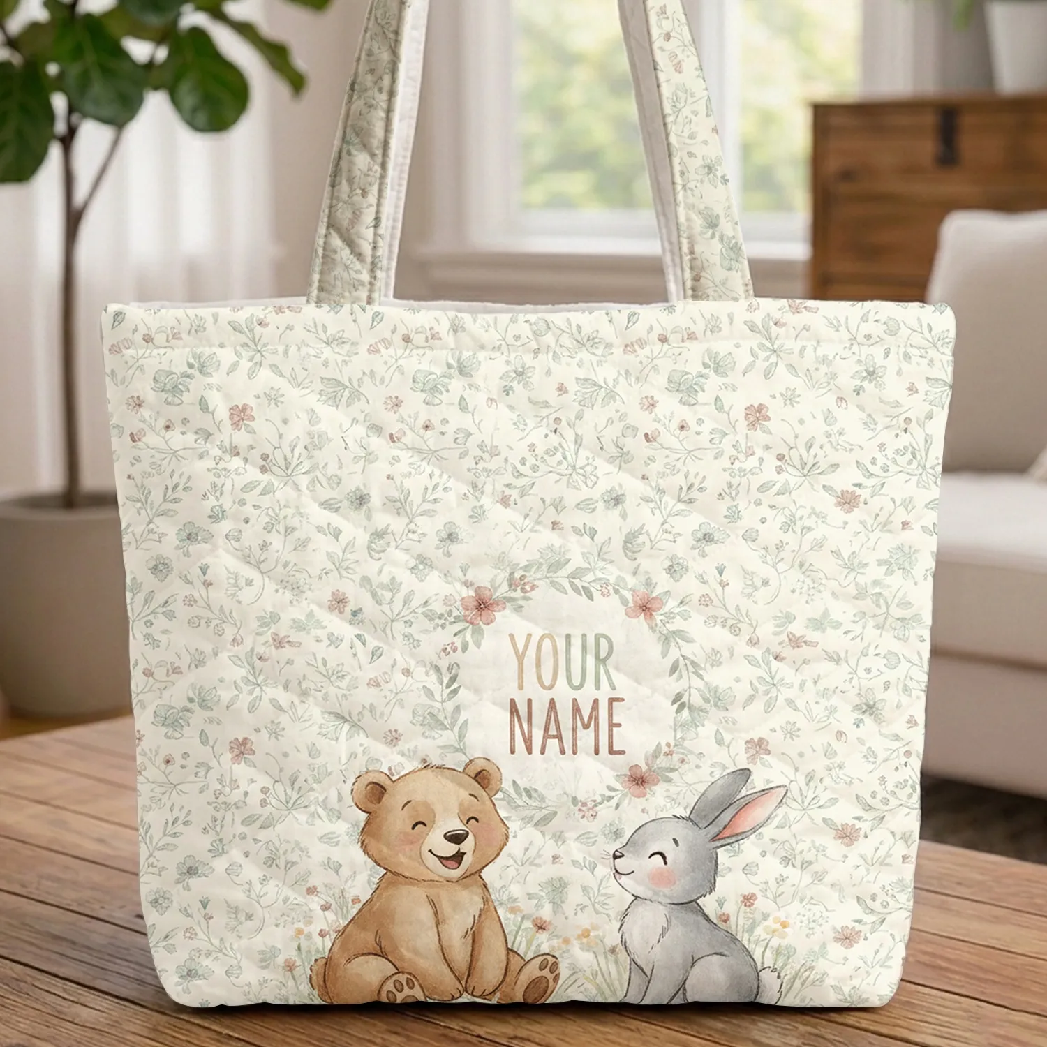 Bear Cub Bunny Wildflower Wreath Personalized - Wildlife Lover Gift Quilted Tote Bag - 1