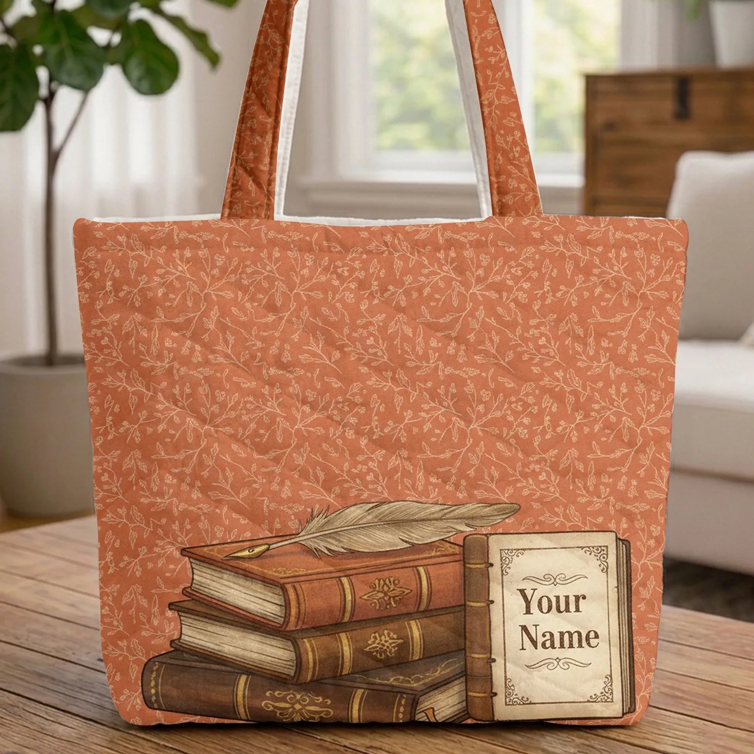 Vintage Leather Books Quill Pen Open Journal Botanicals - Book Lover Gift Quilted Tote Bag - 1