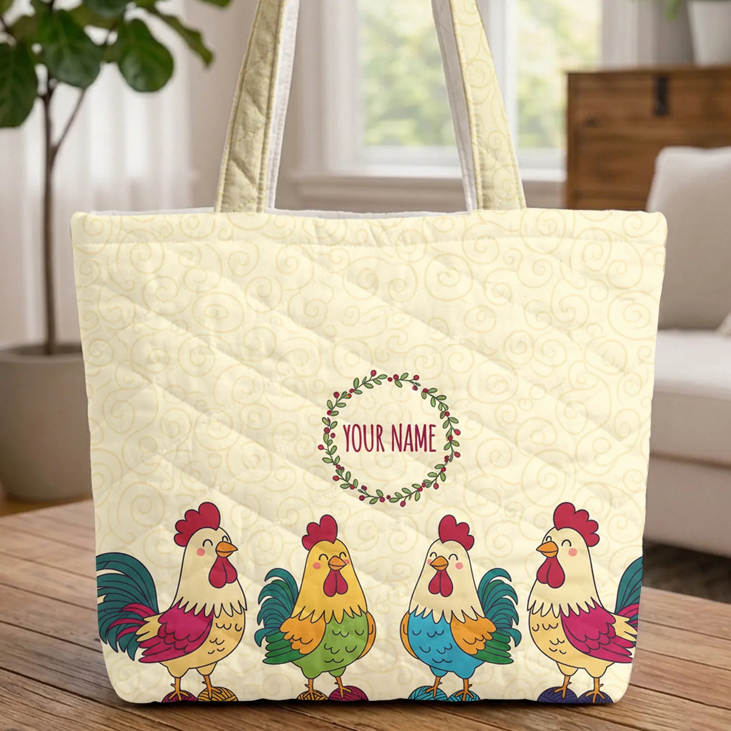 Four Roosters Yarn Balls Floral Wreath Organic Meander - Everyday Carry for Craft Lovers Quilted Tote Bag - 1