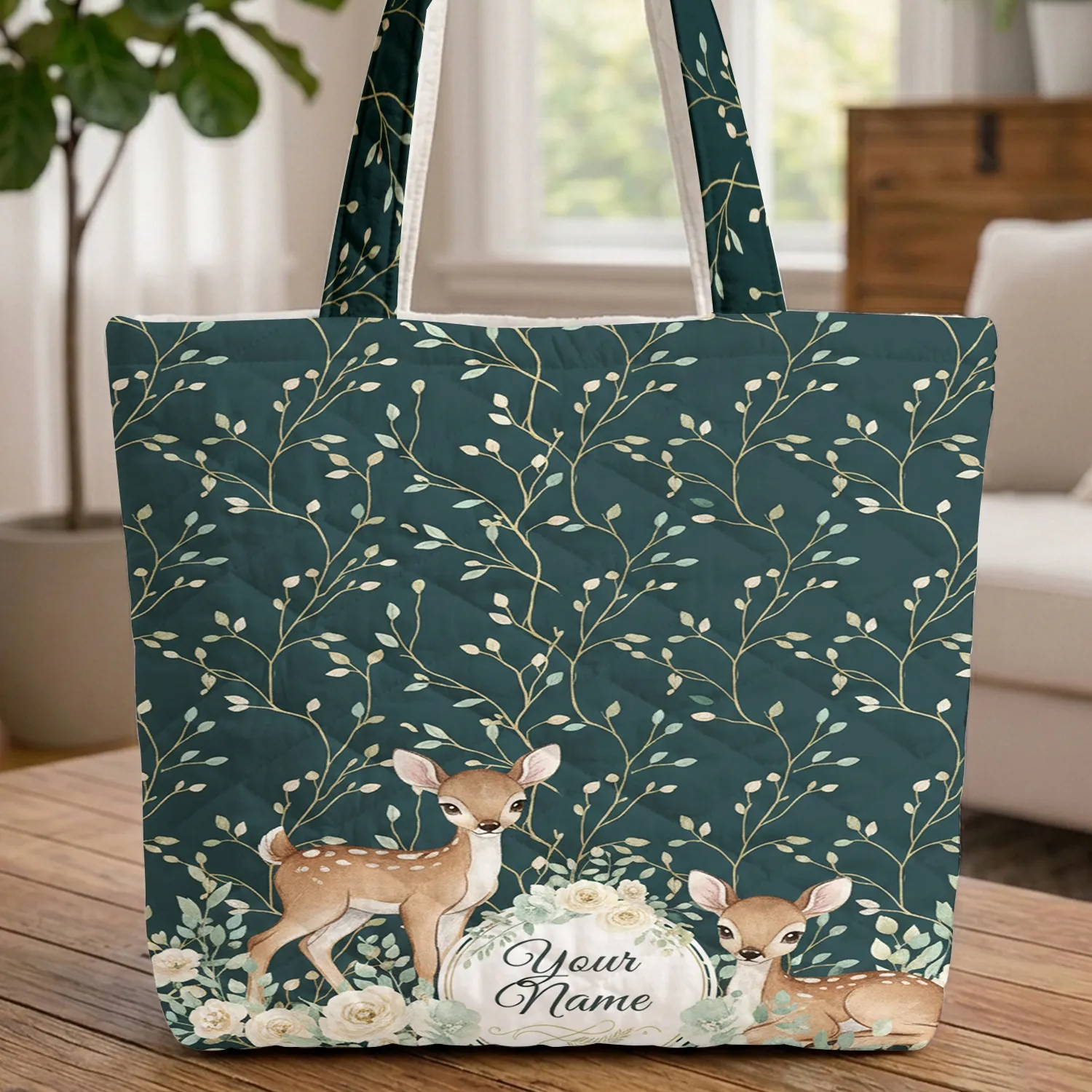 Fawns Golden Vines Wildflowers Personalized Name - Nature Lover Everyday Gift Quilted Tote Bag - 1