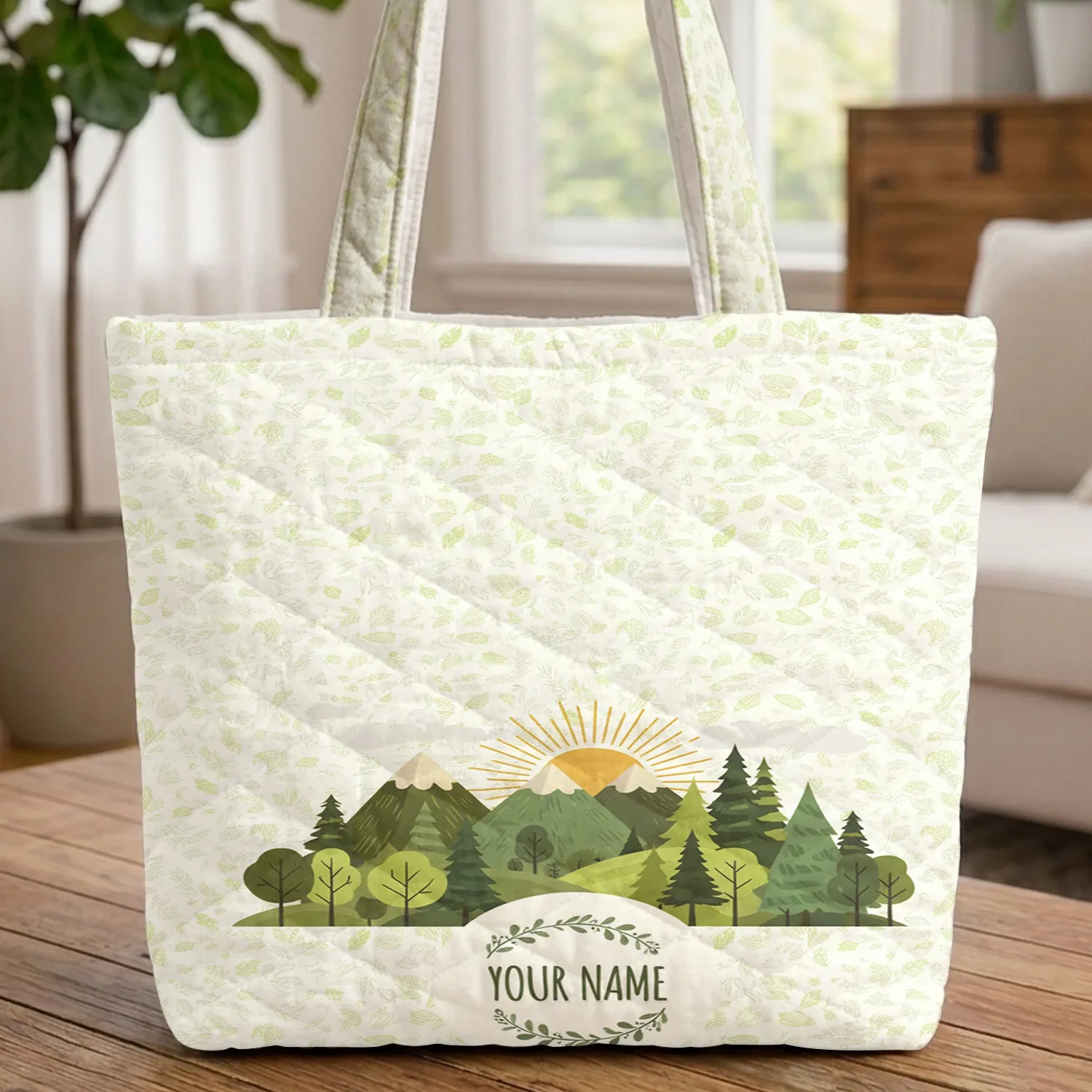 Trees Mountain Sun Forest Landscape - Personalized Nature Lover Gift Quilted Tote Bag - 1
