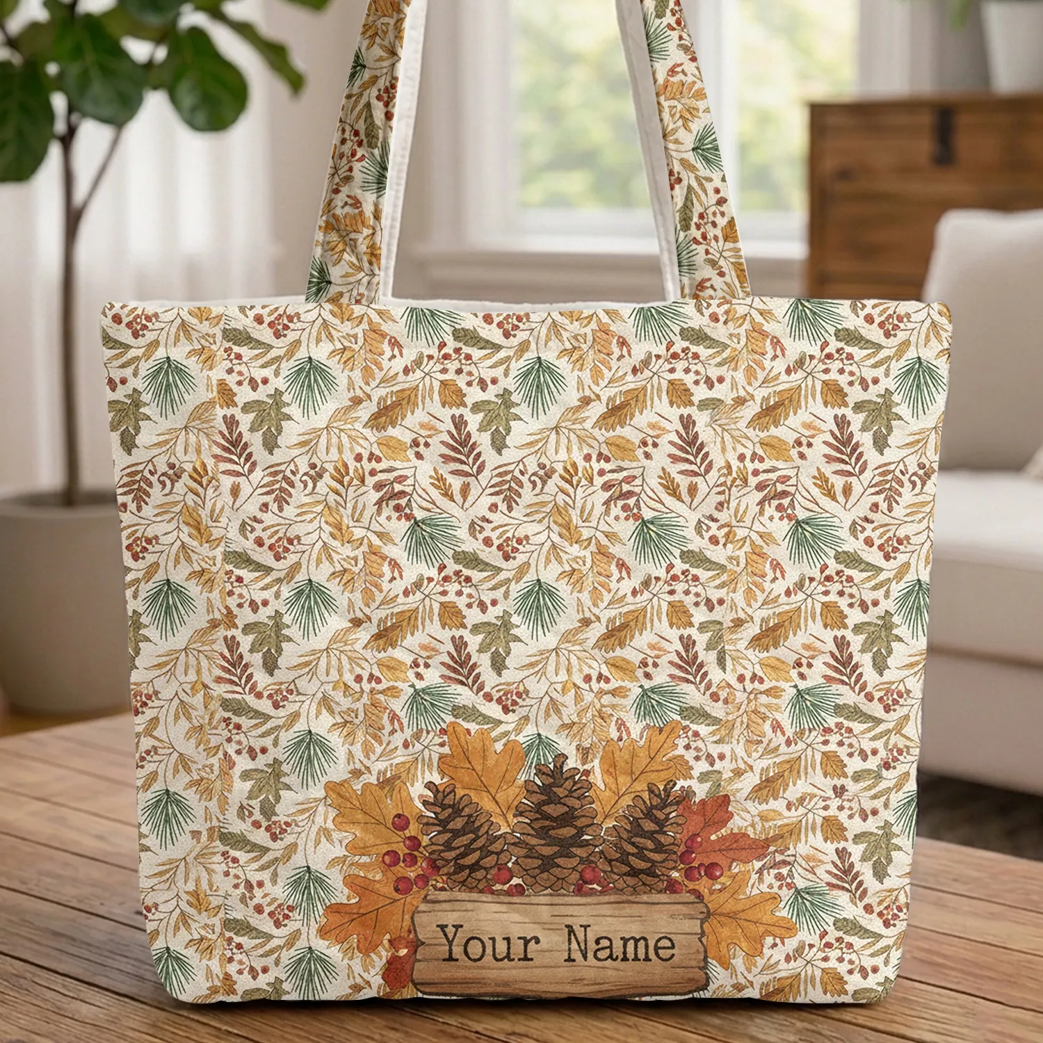 Autumn Pinecones Maple Oak Leaves Rustic Sign - Farmhouse Fall Decor Gift Quilted Tote Bag - 1
