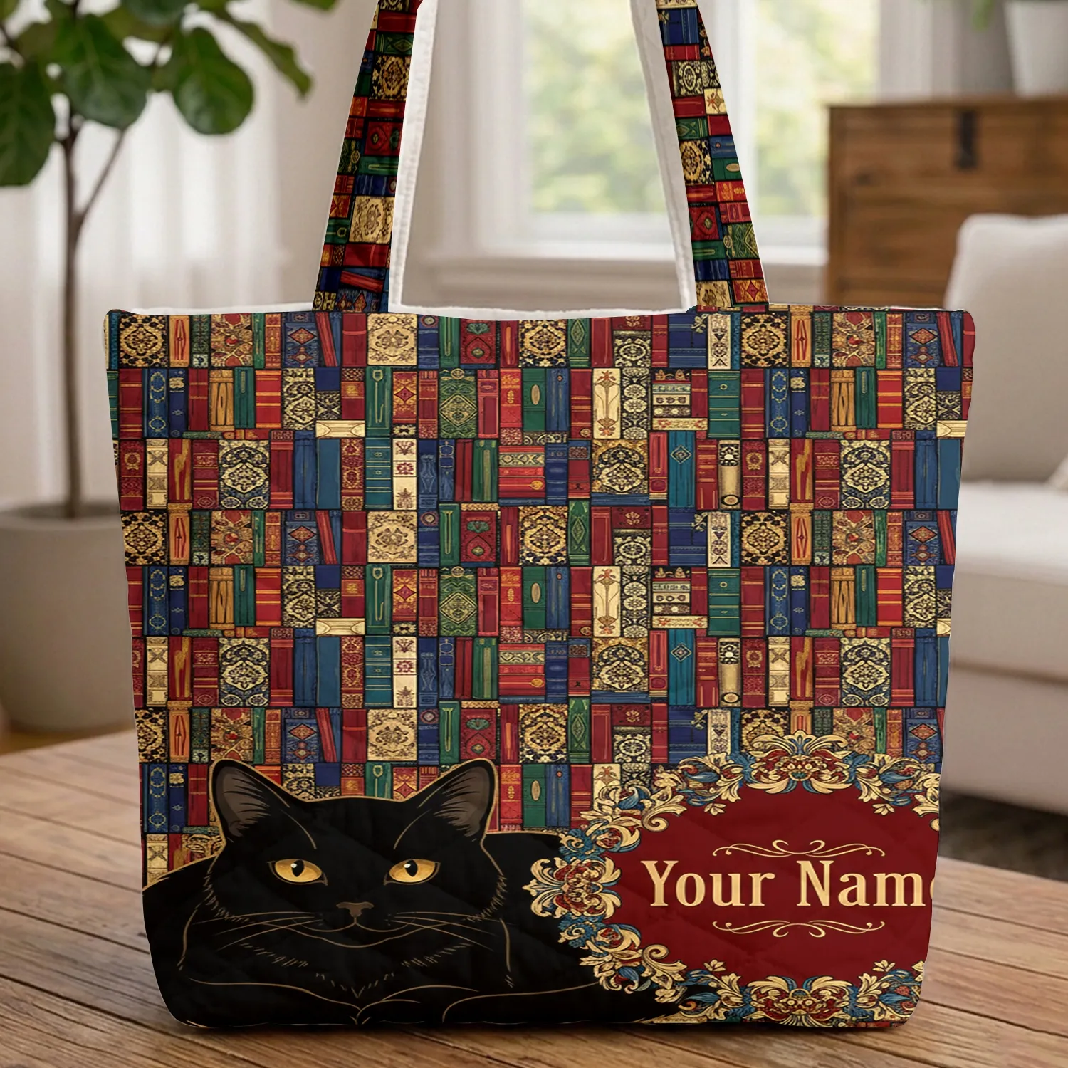 Black Cat Vintage Books Floral Wreath - Cat Lover Literary Home Decor Gift Quilted Tote Bag - 1