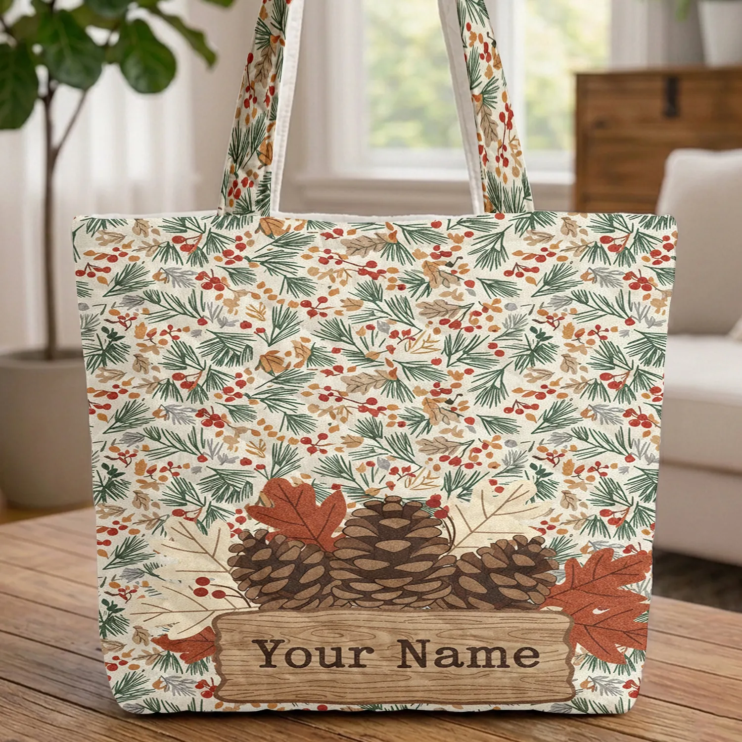 Autumn Pinecones Maple Oak Leaves Rustic Sign - Farmhouse Fall Decor Gift Quilted Tote Bag - 1