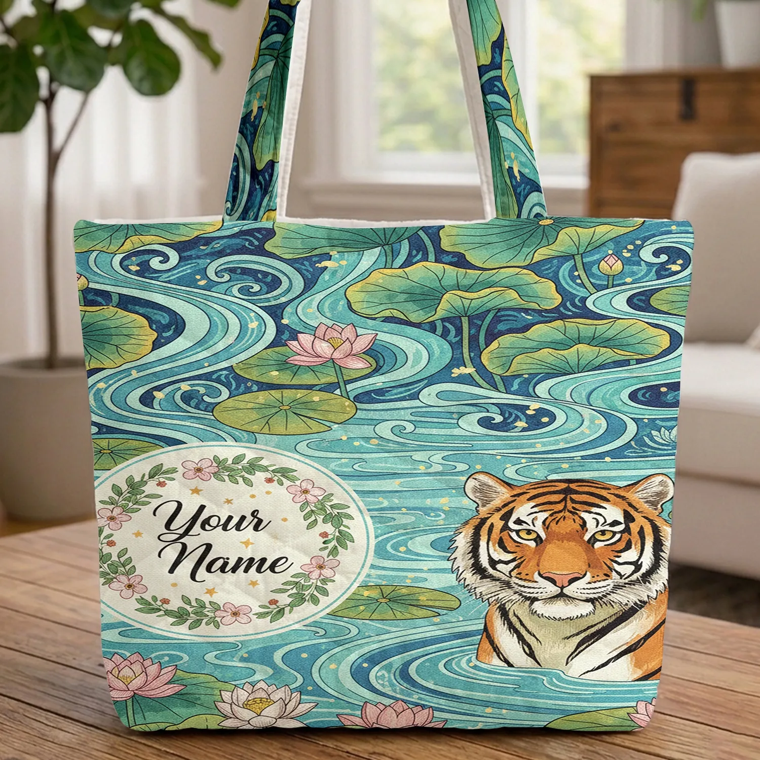 Tiger Lotus Water Ripples Floral Wreath Name - Wildlife Lover Gift Quilted Tote Bag - 1