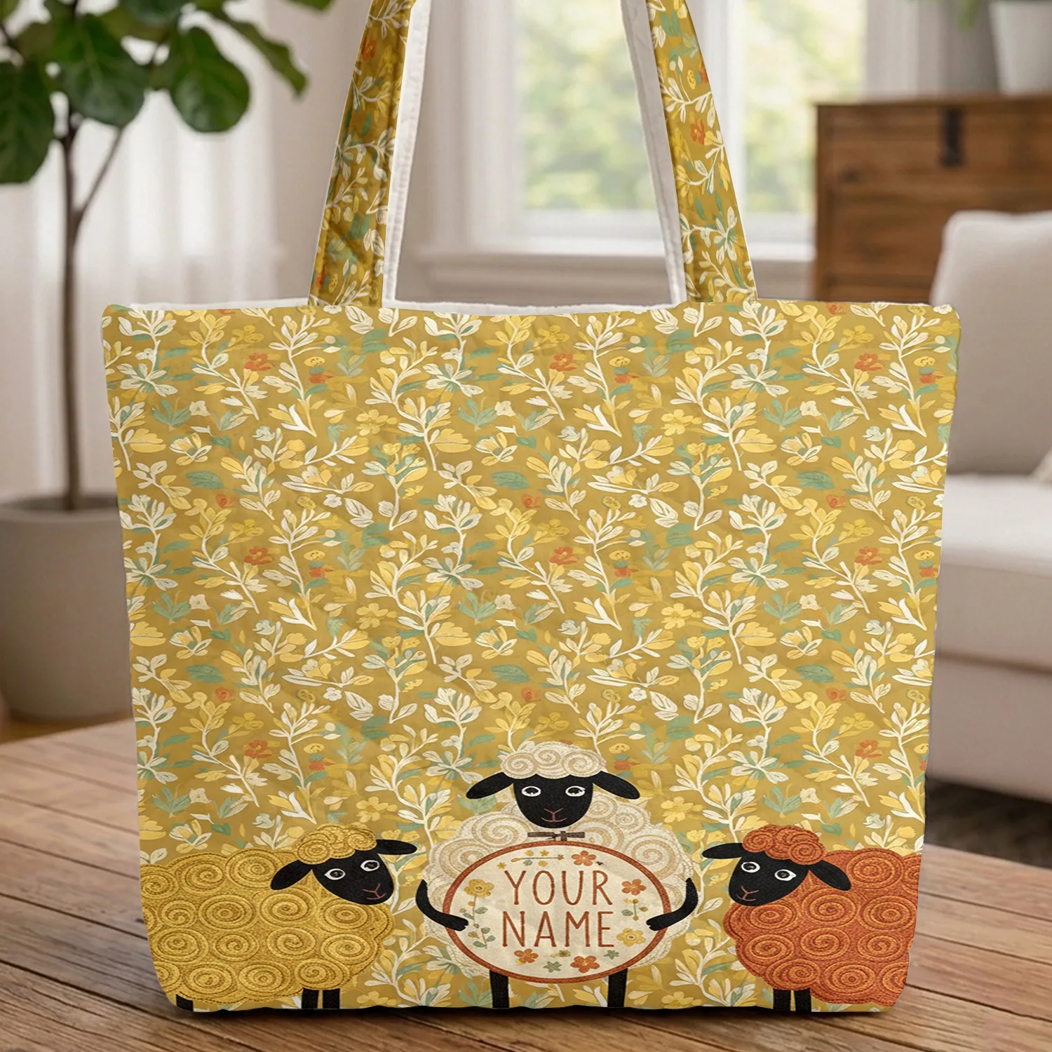 Sheep Botanical Folk Art Name Hoop - Personalized Gift Quilted Tote Bag - 1