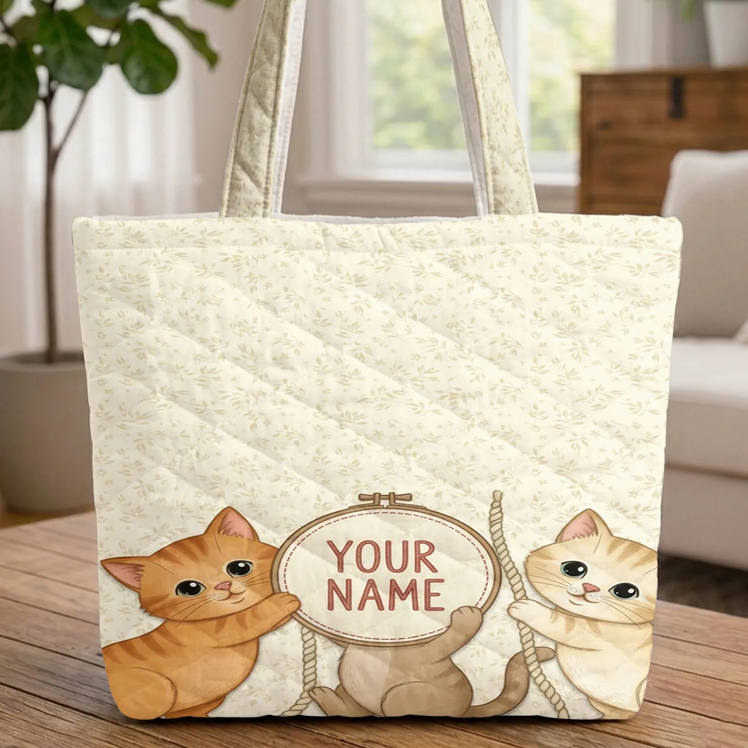 Kittens Holding Personalized Frame Leaf Star Sprig - Everyday Tote Kitten Lover Gift Quilted Tote Bag - 1
