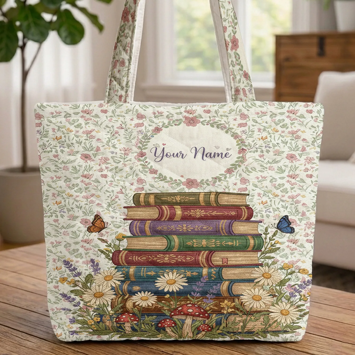Ornate Books Wildflower Meadow Butterflies - Home Decor Gift for Book Lovers Quilted Tote Bag - 1