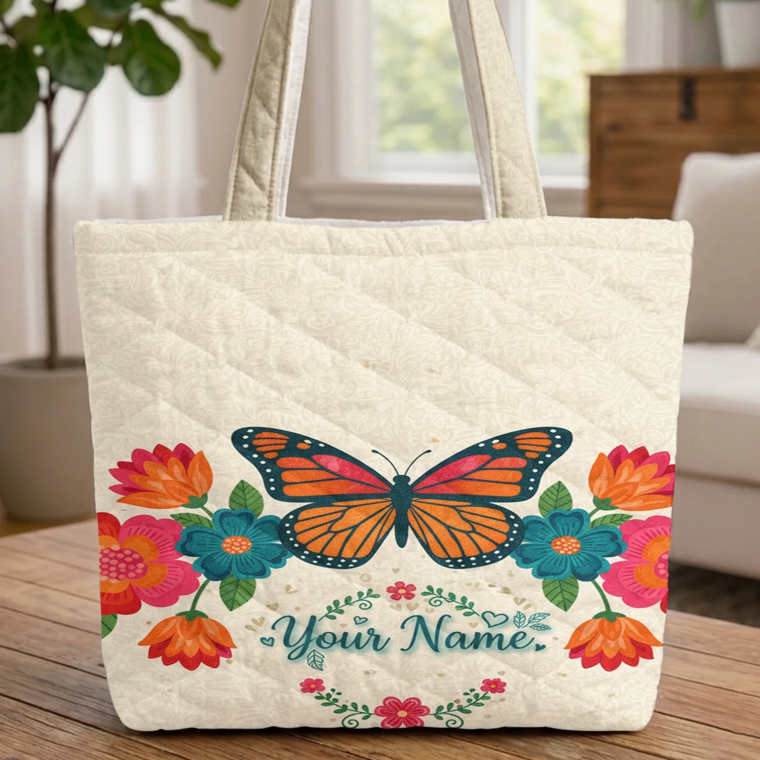 Monarch Butterfly Vibrant Layered Floral Personalized Wreath - Nature Lover Everyday Carry Gift Quilted Tote Bag - 1
