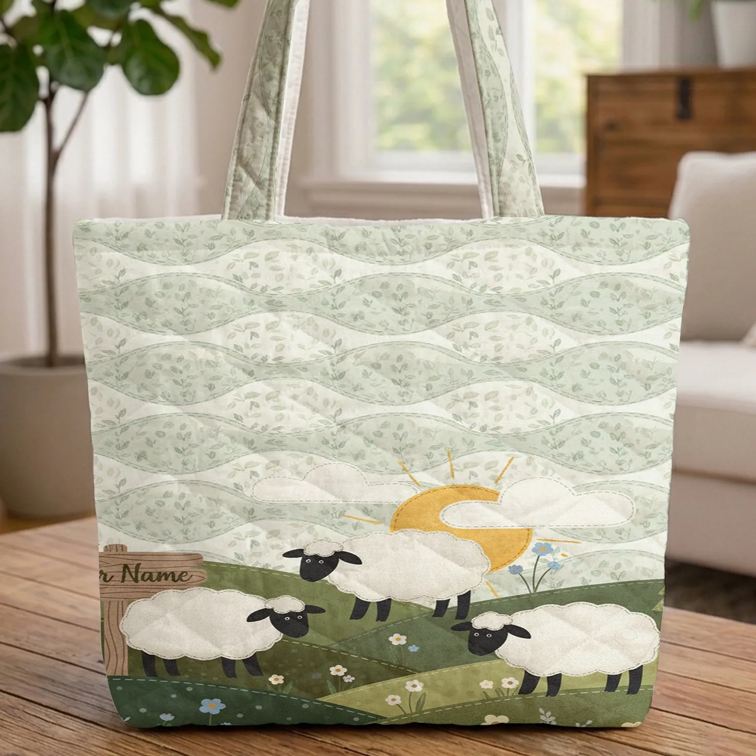 Grazing Sheep Pine Trees Wildflowers Farmhouse Decor Gift for Sheep Lover Quilted Tote Bag - 1