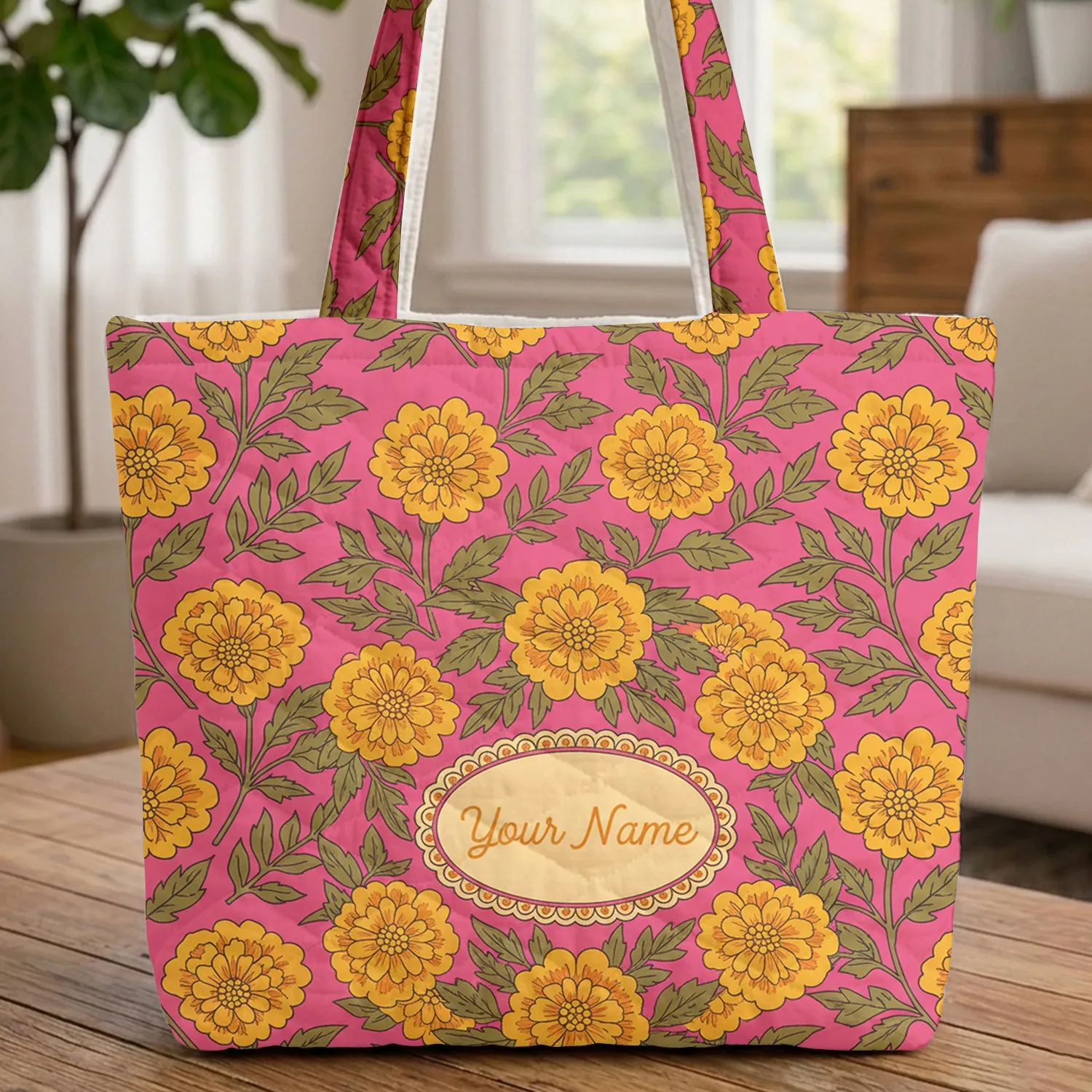 Ornate Marigold Floral Wreath Name - Boho Lifestyle Everyday Use Gift for Women Quilted Tote Bag - 1