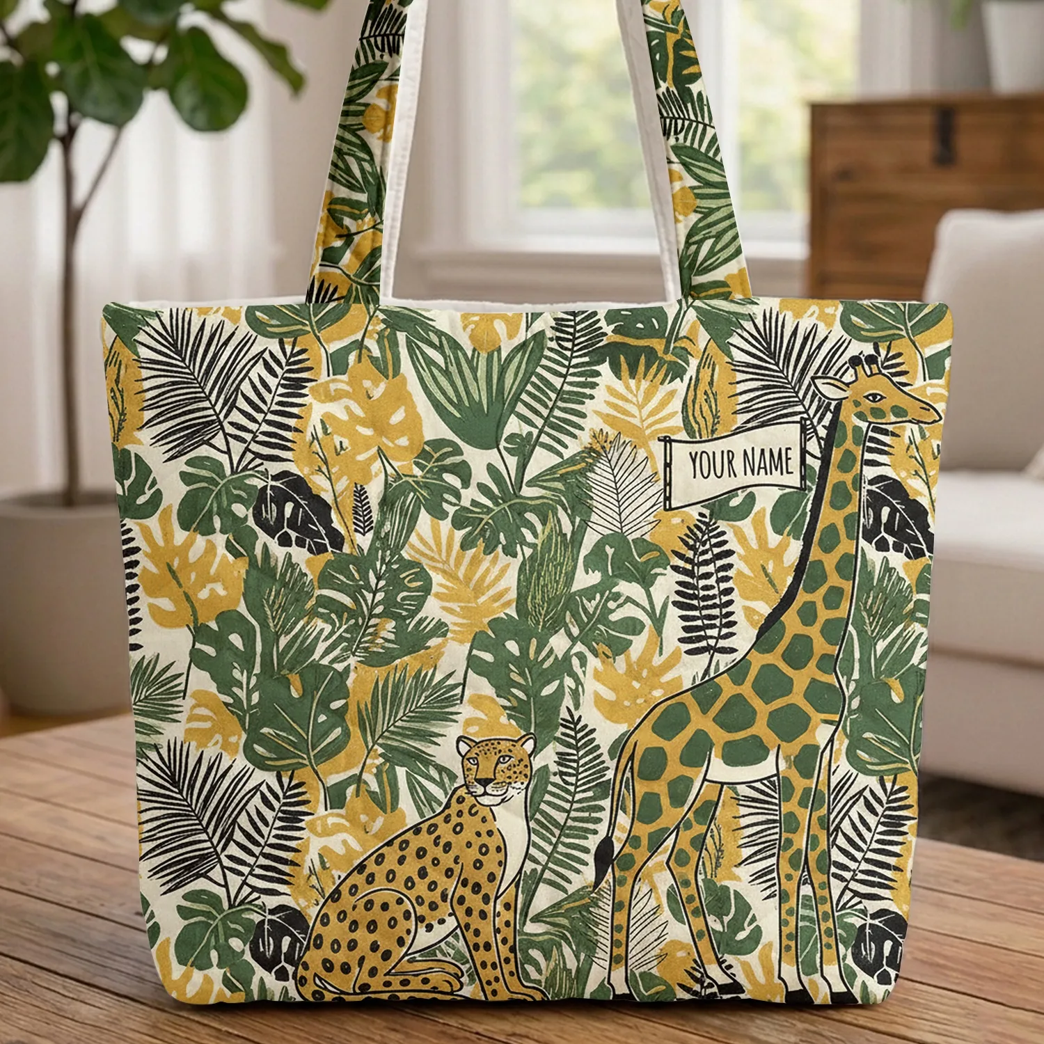 Spotted Leopard Giraffe Tropical Leaves Jungle Foliage - Wildlife Lover Gift Quilted Tote Bag - 1