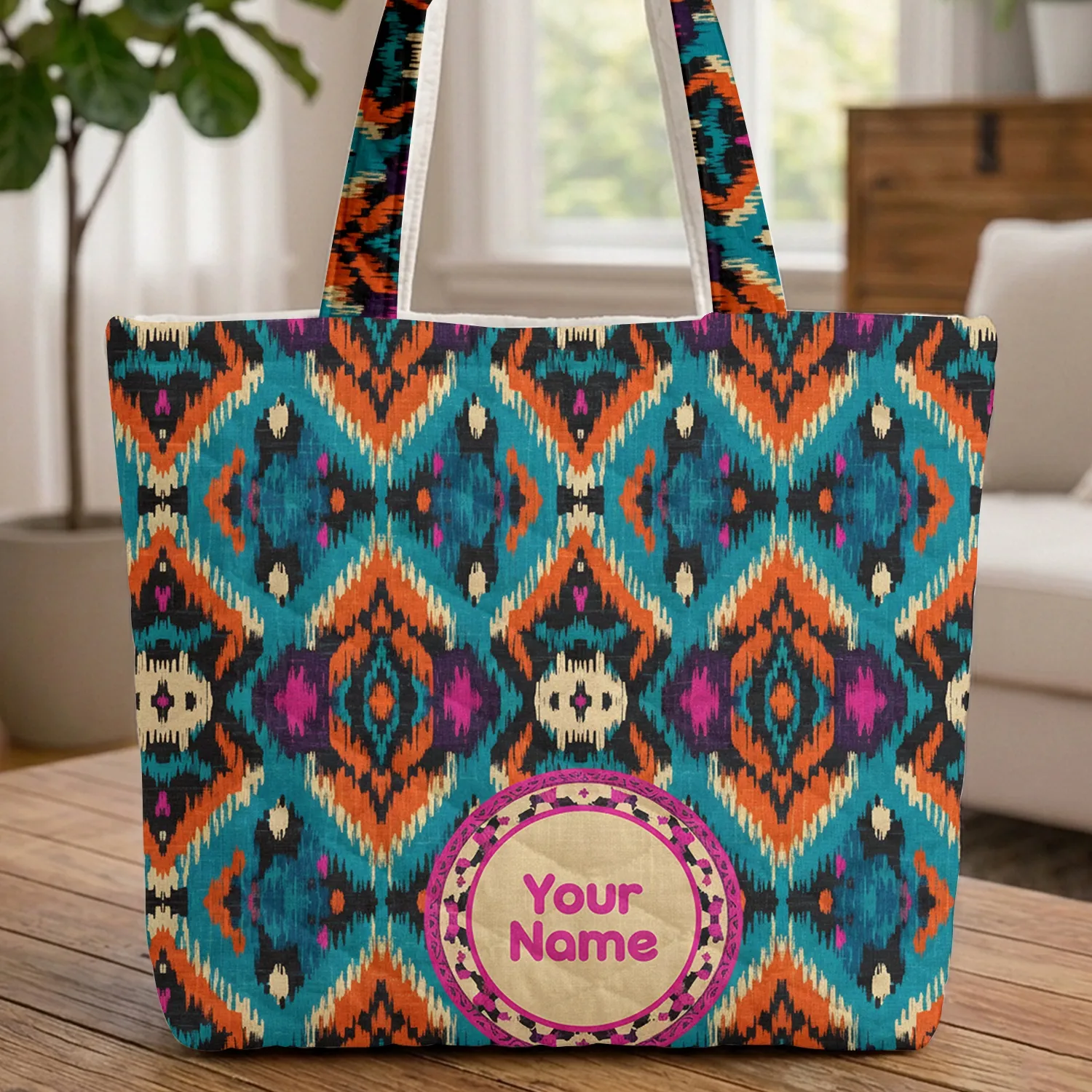 Ikat Tribal Shapes with Continuous Circular Border Everyday Tote for Boho Lifestyle Gift Quilted Tote Bag - 1