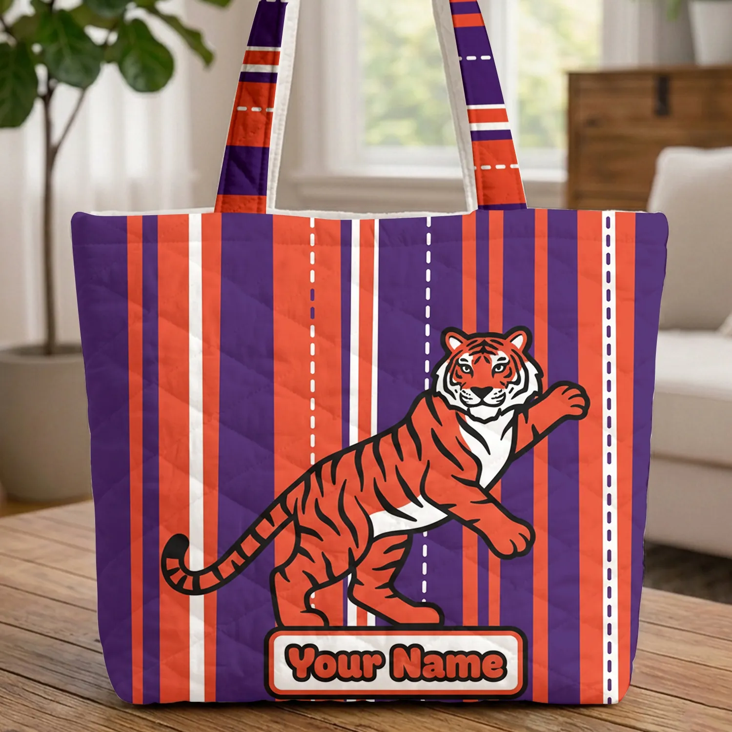 Climbing Tiger Vertical Stripe - Wildlife Enthusiast Daily Gift Quilted Tote Bag - 1