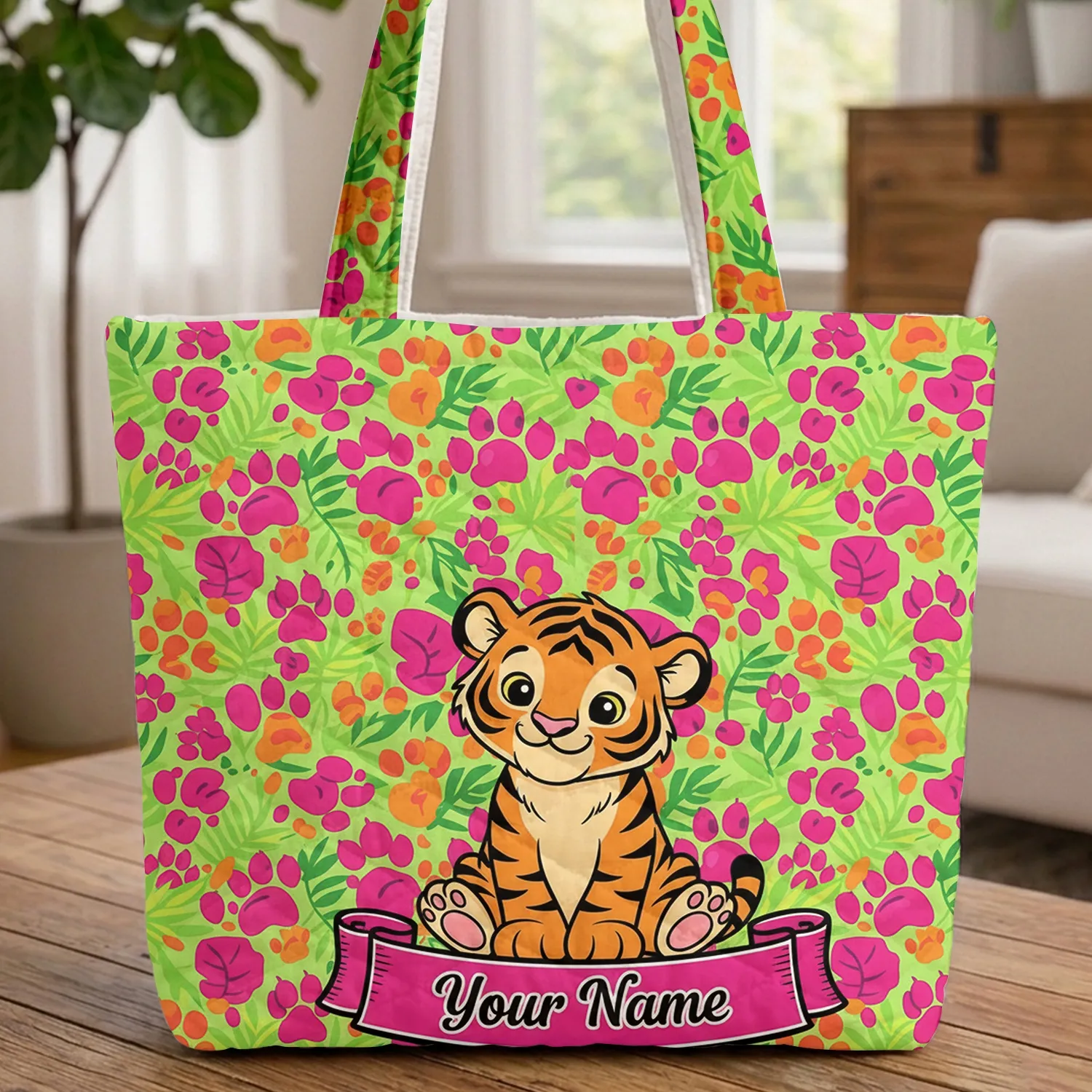 Sitting Tiger Cub Tropical Jungle Leaves Paw Print Wildlife Lover Gift Quilted Tote Bag - 1
