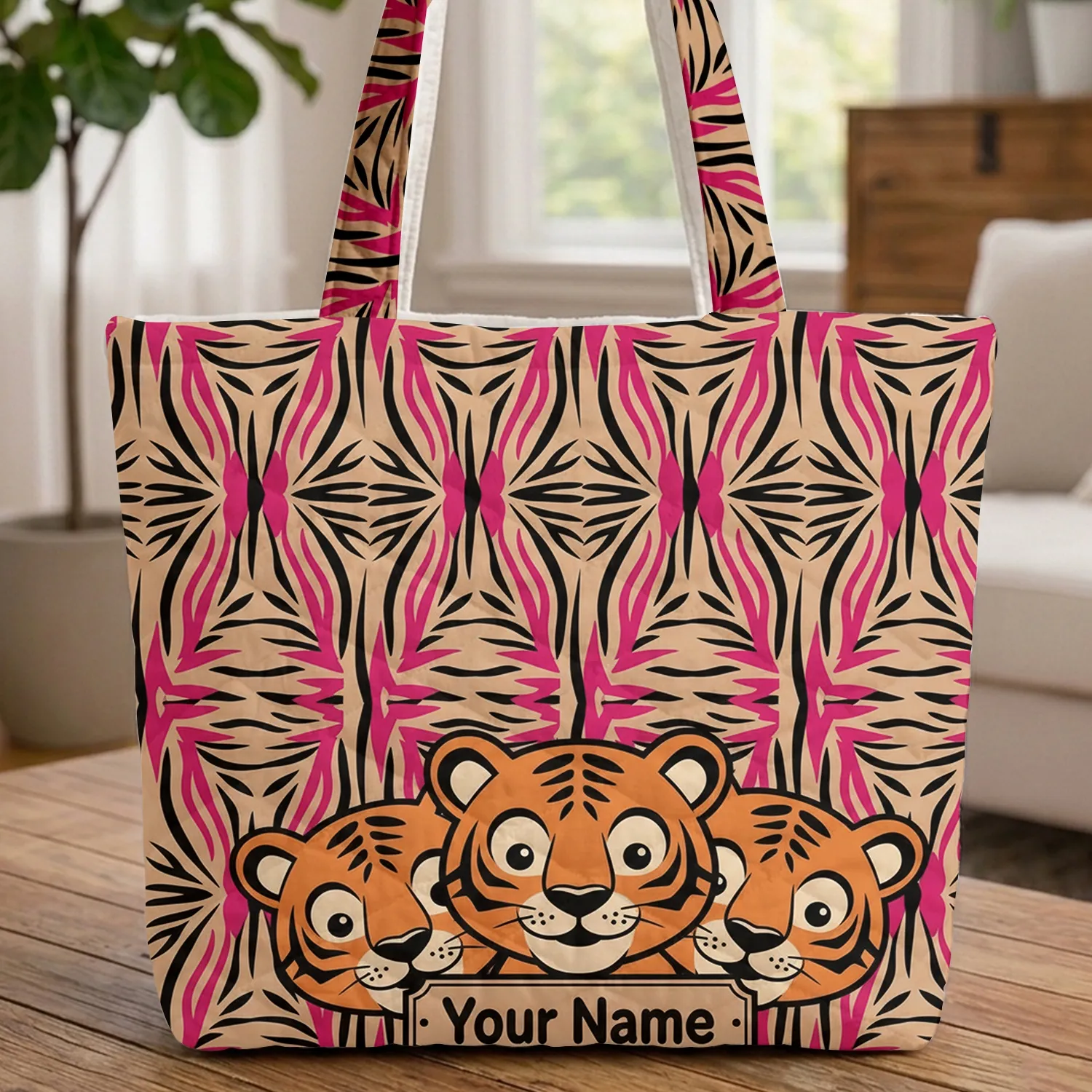 Playful Tiger Cub Faces Black Tiger Stripes - Personalized Wildlife Lover Everyday Tote Quilted Tote Bag - 1