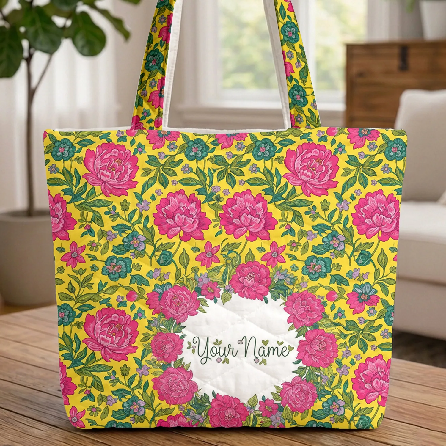 Personalized Peonies Floral Wreath Name - Everyday Floral Lover Gift Quilted Tote Bag - 1
