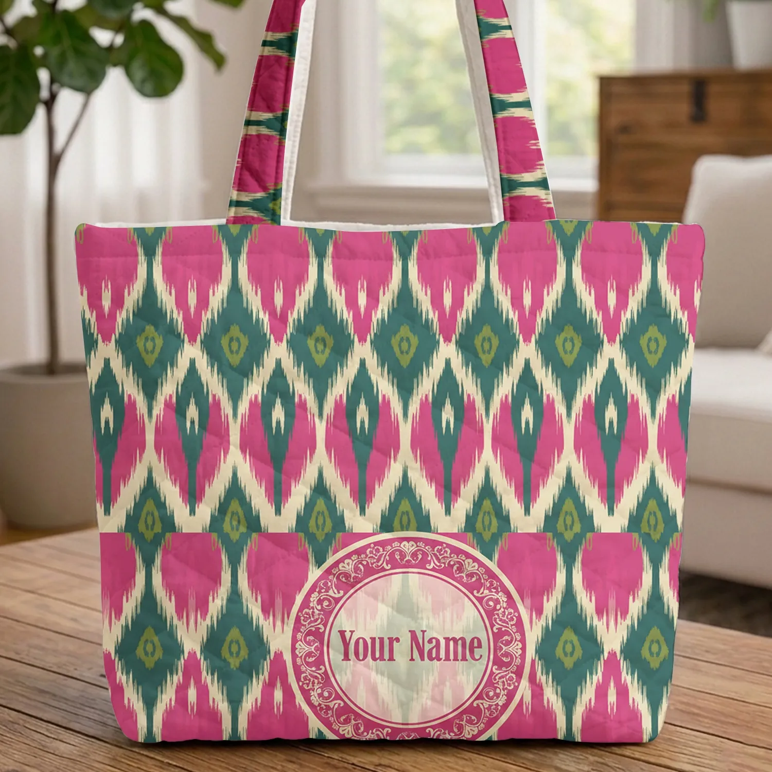 Ikat Medallion Vertical Jagged Feathered Edges - Boho Lifestyle Home Decor Gift Quilted Tote Bag - 1