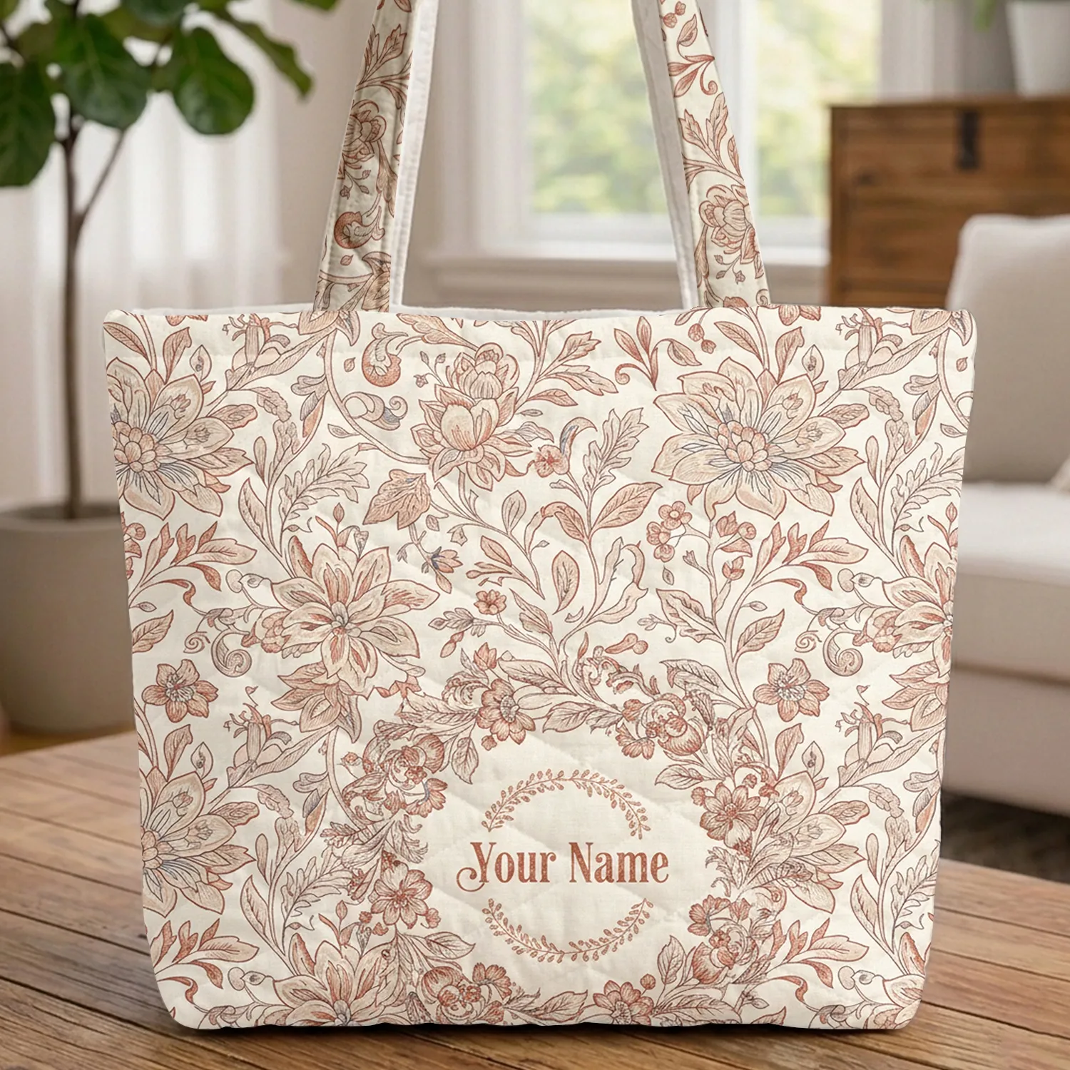 Toile de Jouy Botanical Ornate Floral Your Name Wreath - Everyday Tote Gift for Her Quilted Tote Bag - 1