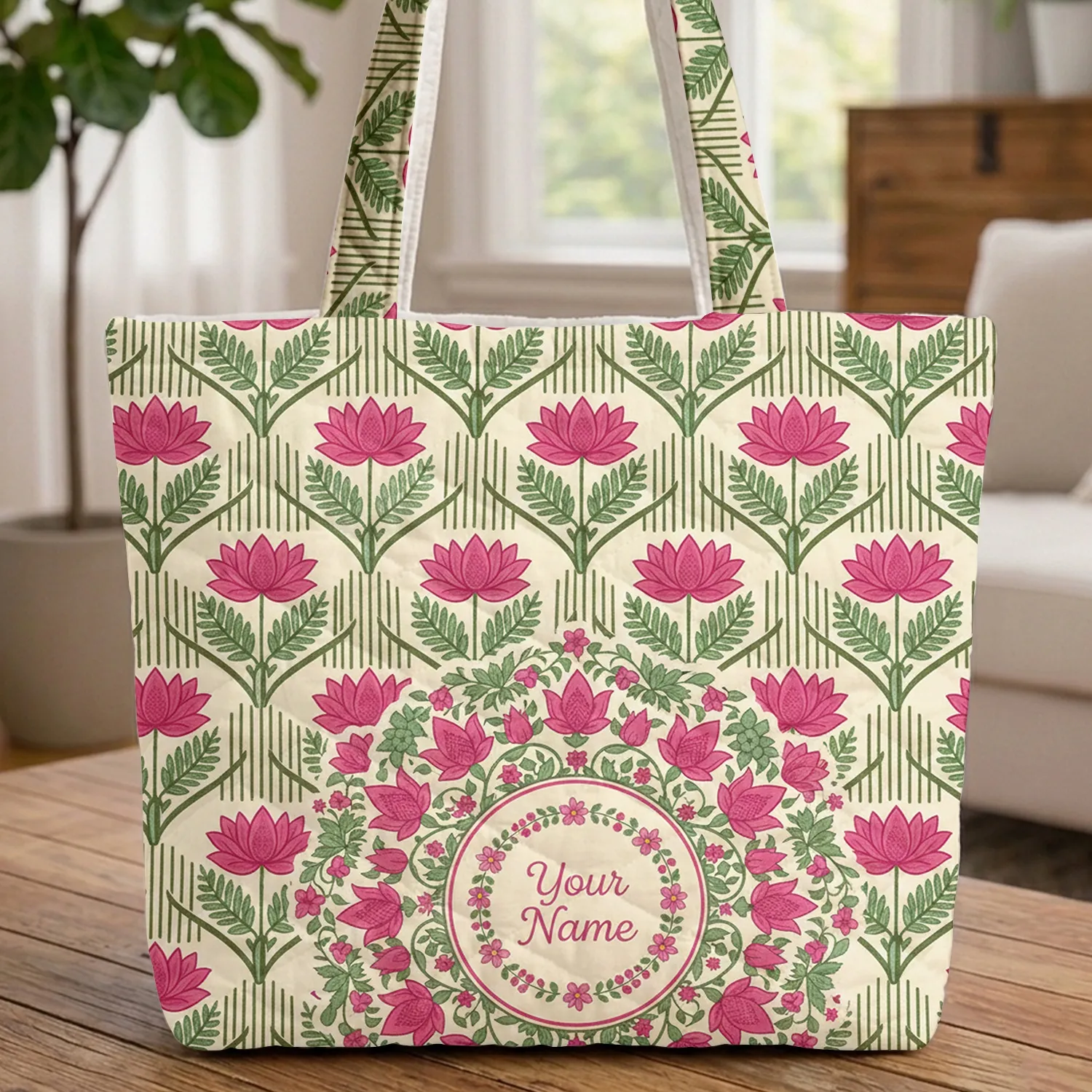 Lotus Diamond Trellis Floral Medallion Name Wreath - Everyday Lifestyle Gift Quilted Tote Bag - 1